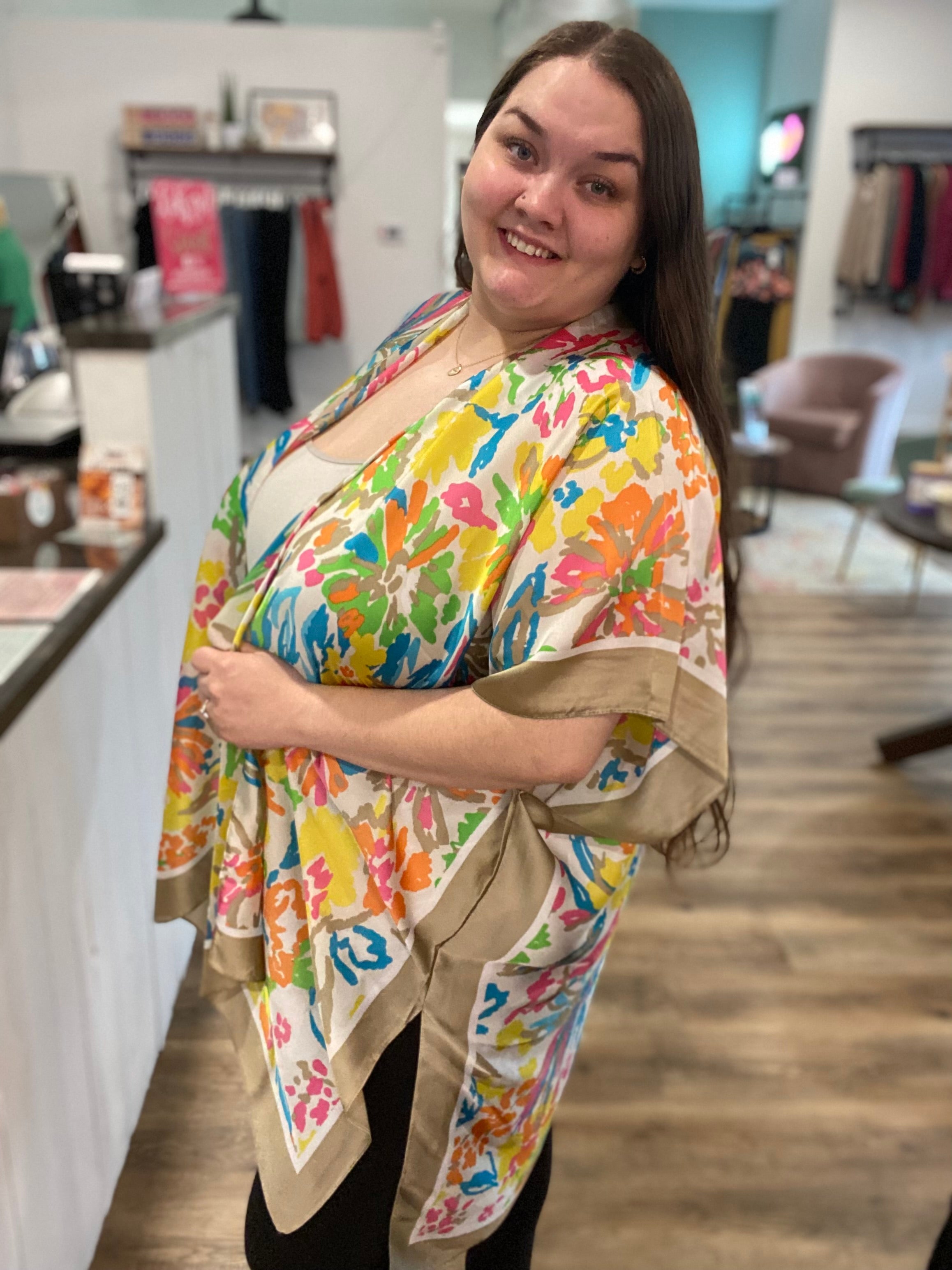 Shop Silky Bright Floral Print Kimono-Kimonos at Ruby Joy Boutique, a Women's Clothing Store in Pickerington, Ohio