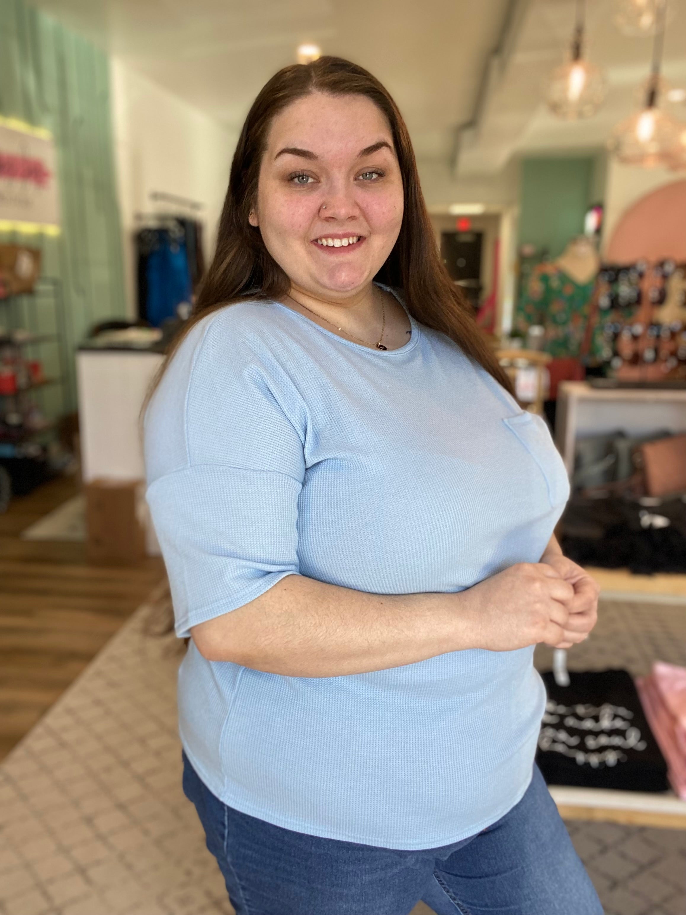 Shop Sky Blue Waffle Tee-Shirts at Ruby Joy Boutique, a Women's Clothing Store in Pickerington, Ohio