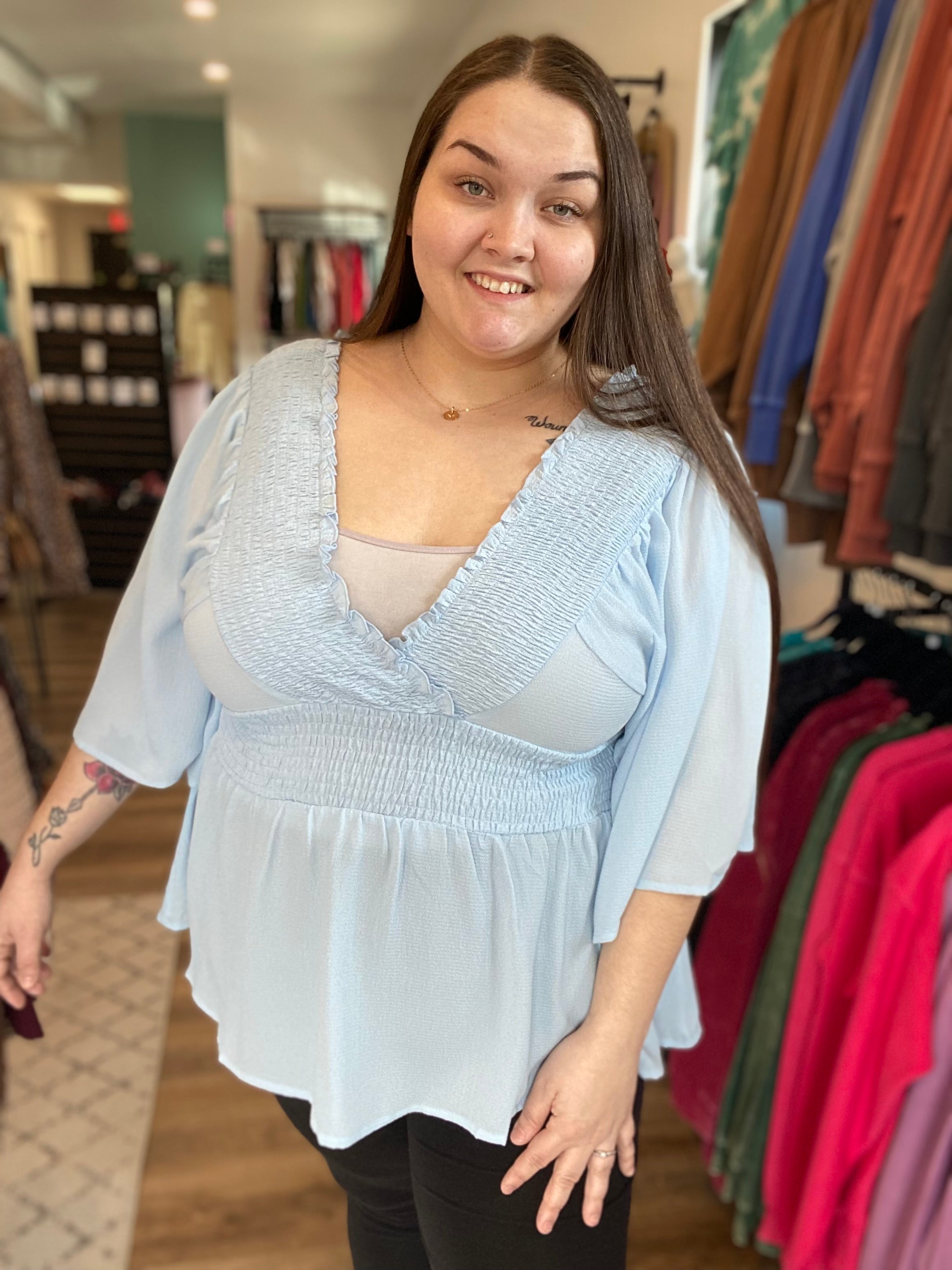 Pastel Blue Plus Size Blouse Smocked Surplice Peplum Blouse