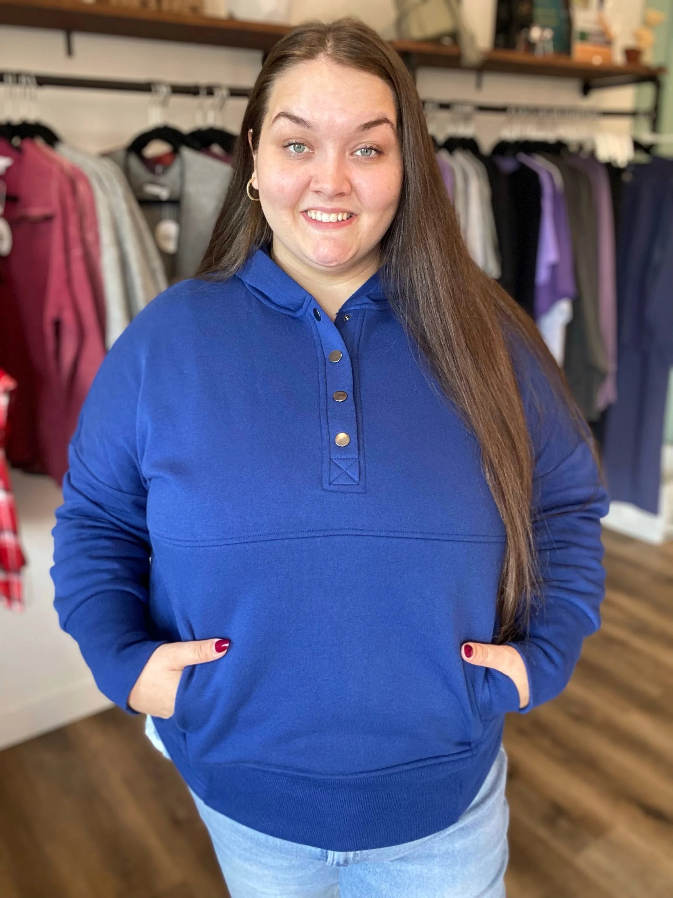 Shop Snap Front Fleece Hoodie – Light Navy- at Ruby Joy Boutique, a Women's Clothing Store in Pickerington, Ohio
