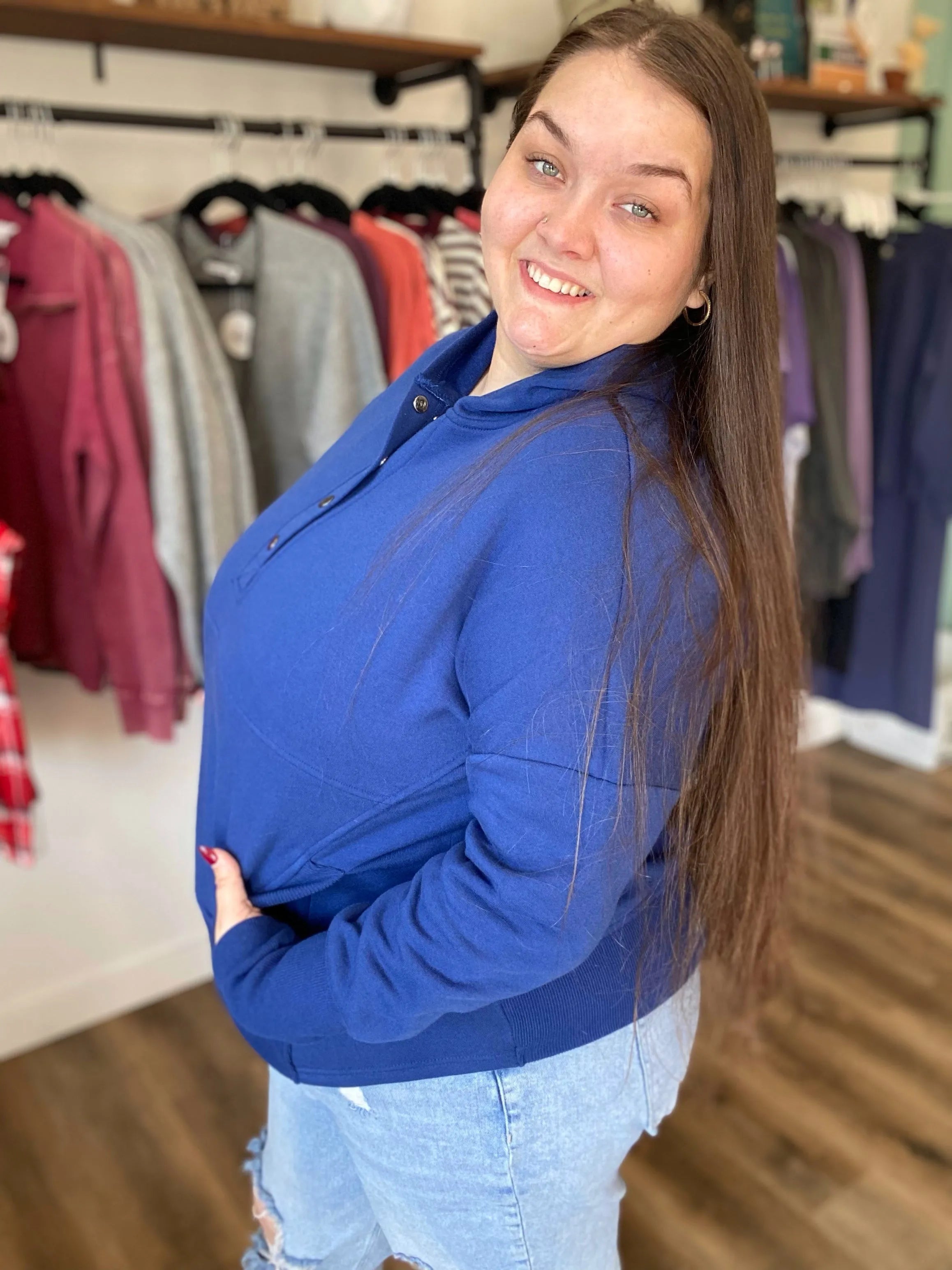 Shop Snap Front Fleece Hoodie – Light Navy- at Ruby Joy Boutique, a Women's Clothing Store in Pickerington, Ohio