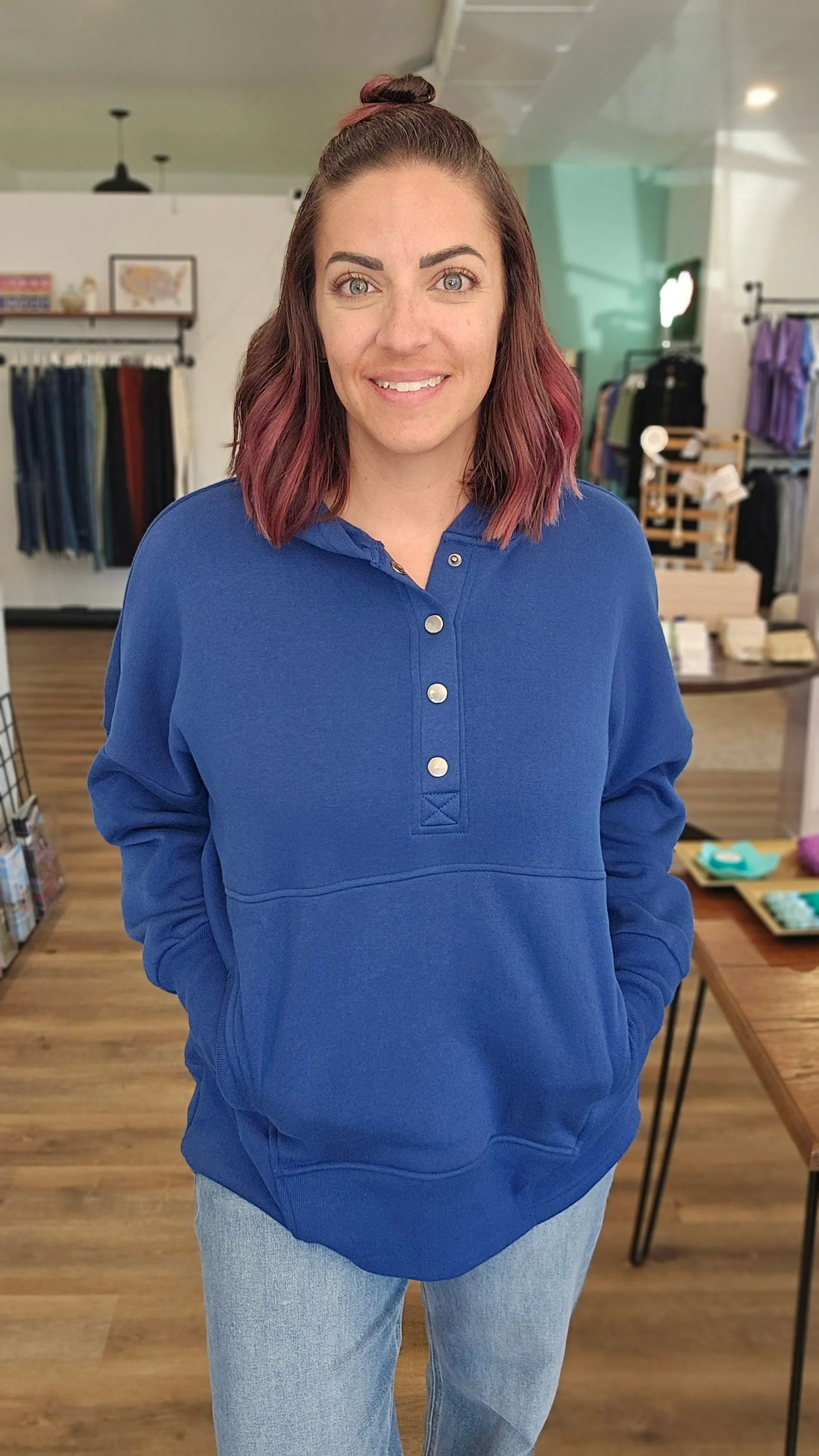 Shop Snap Front Fleece Hoodie – Light Navy- at Ruby Joy Boutique, a Women's Clothing Store in Pickerington, Ohio