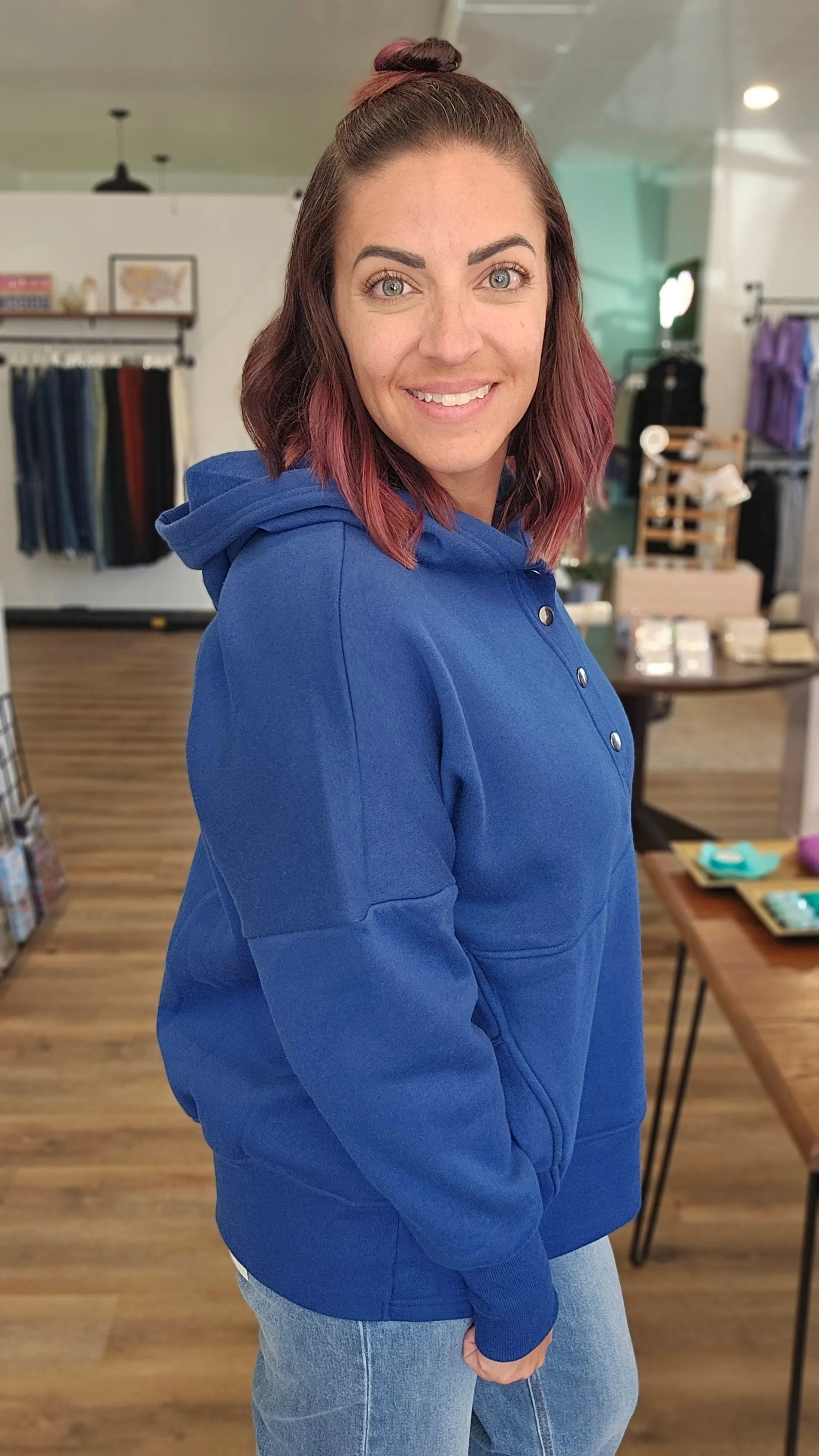 Shop Snap Front Fleece Hoodie – Light Navy- at Ruby Joy Boutique, a Women's Clothing Store in Pickerington, Ohio