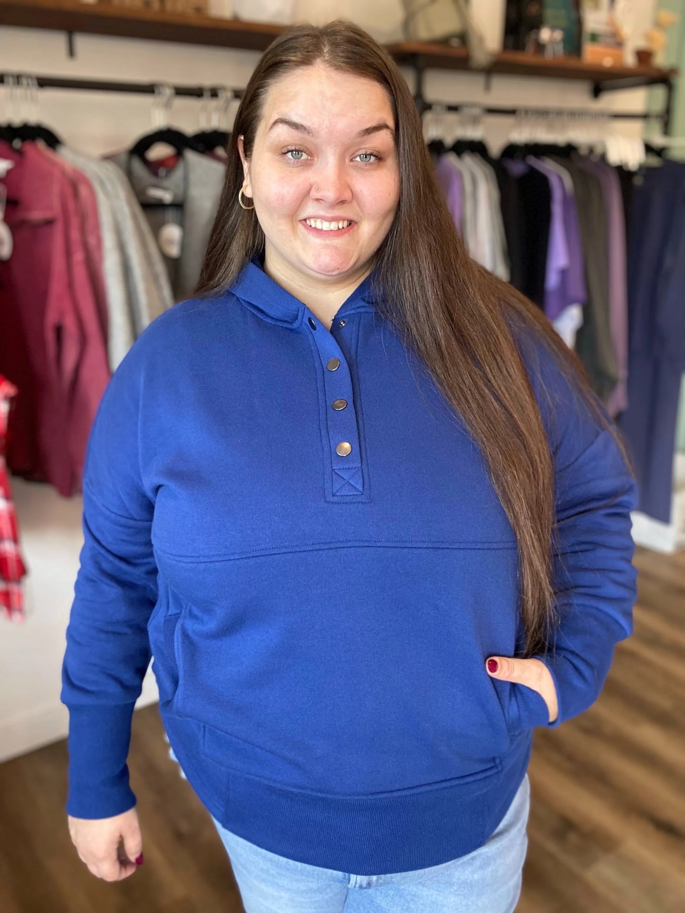 Shop Snap Front Fleece Hoodie – Light Navy- at Ruby Joy Boutique, a Women's Clothing Store in Pickerington, Ohio