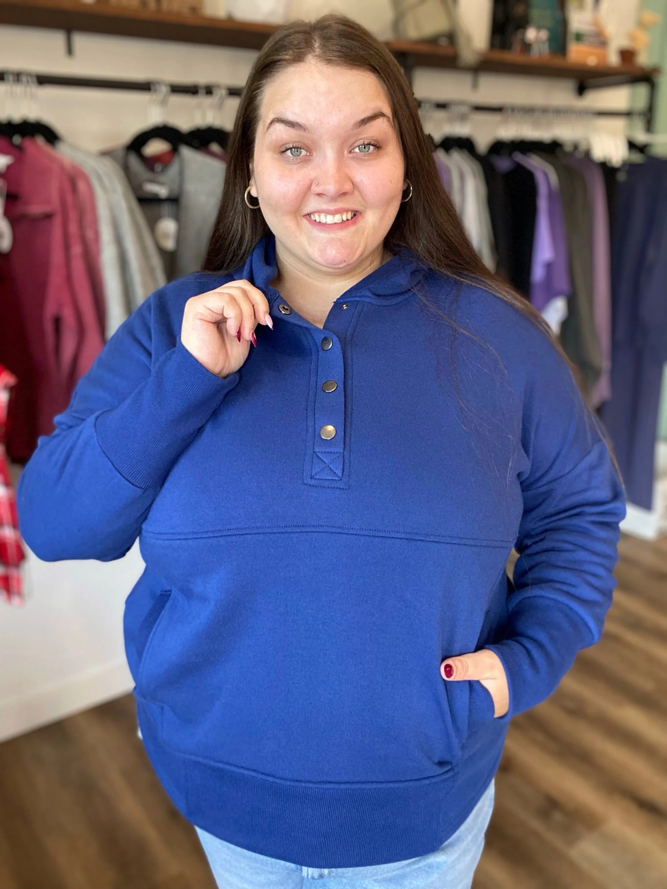 Shop Snap Front Fleece Hoodie – Light Navy-L/XL at Ruby Joy Boutique, a Women's Clothing Store in Pickerington, Ohio