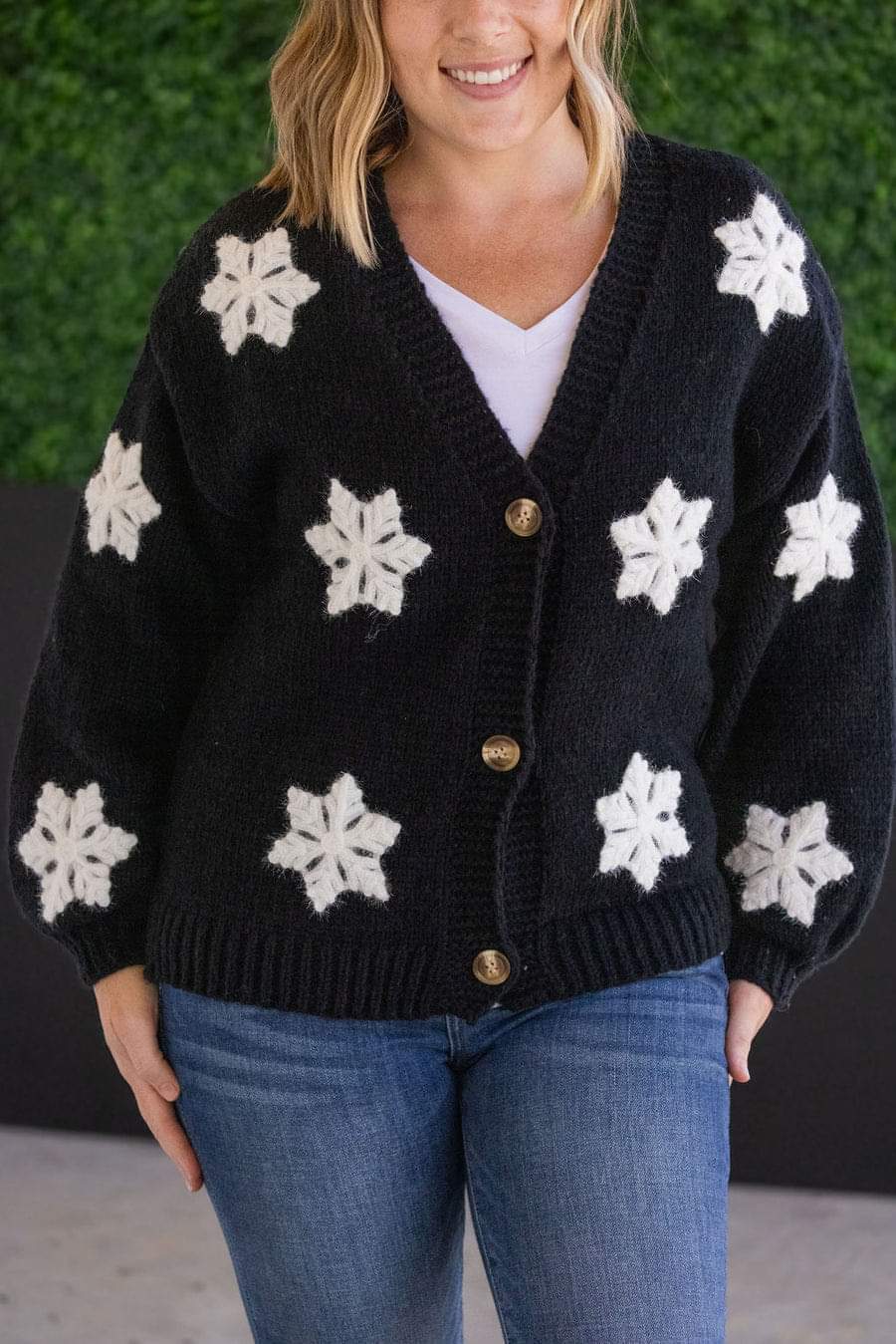 Shop Snowflake Cardigan - Black-Cardigan at Ruby Joy Boutique, a Women's Clothing Store in Pickerington, Ohio