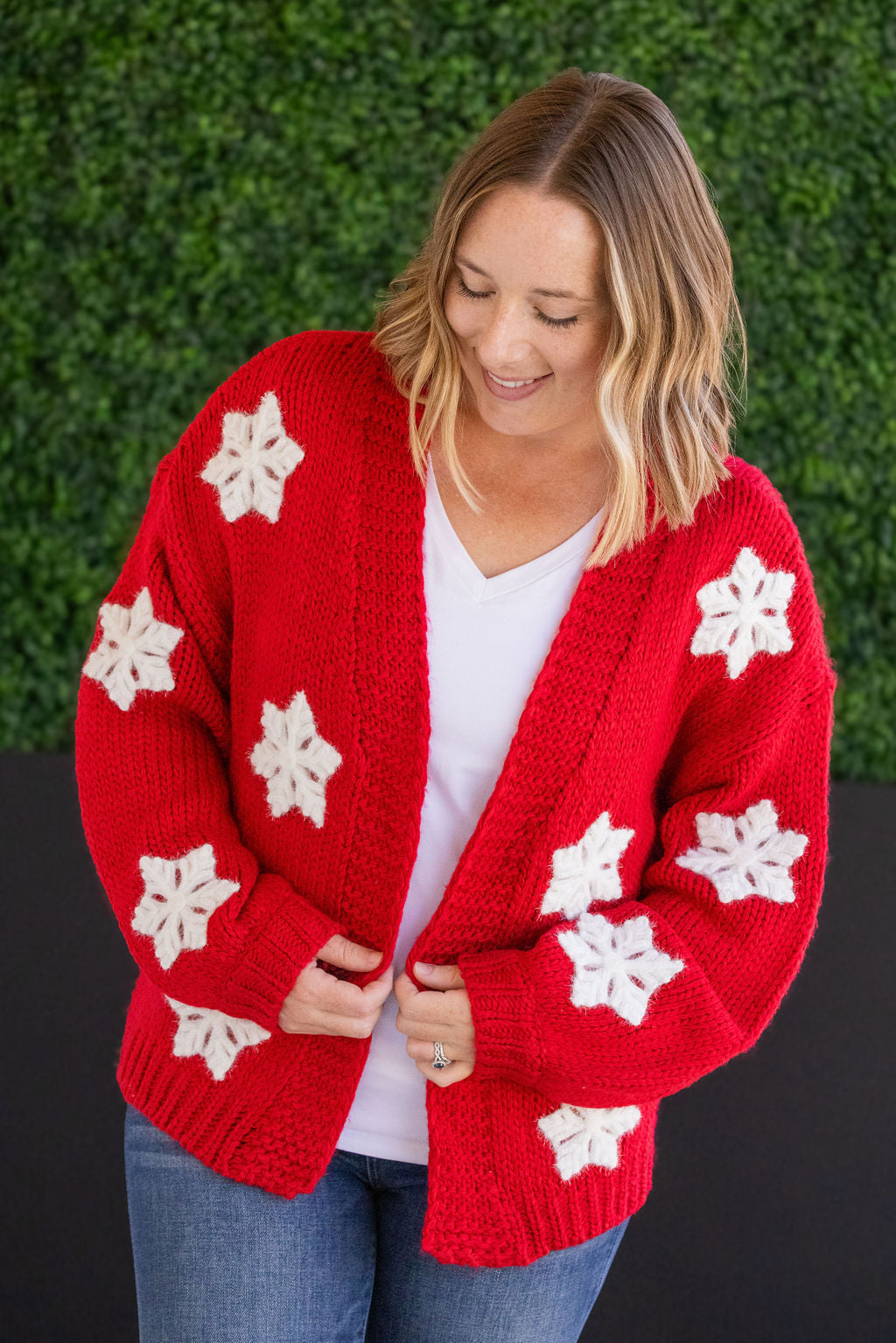 Shop Snowflake Cardigan - Red-Cardigan at Ruby Joy Boutique, a Women's Clothing Store in Pickerington, Ohio