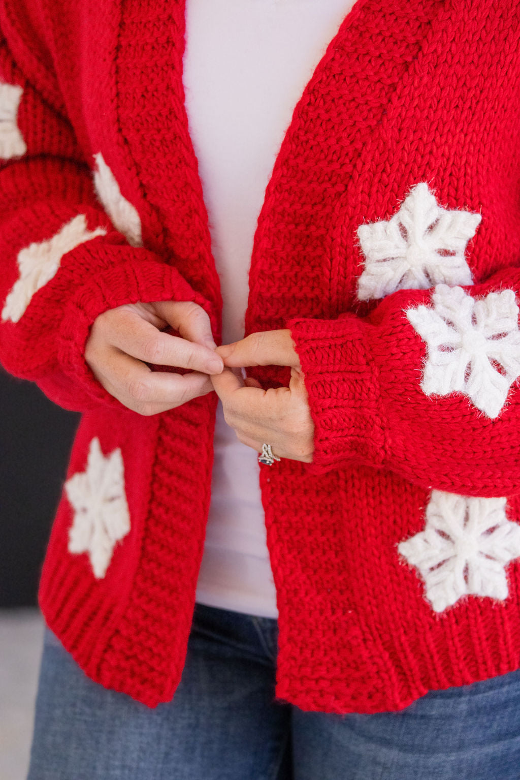 Shop Snowflake Cardigan - Red-Cardigan at Ruby Joy Boutique, a Women's Clothing Store in Pickerington, Ohio