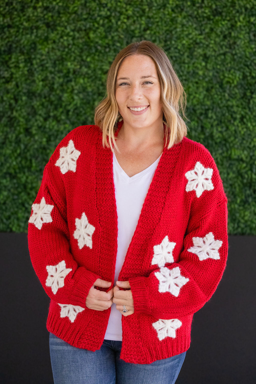 Shop Snowflake Cardigan - Red-Cardigan at Ruby Joy Boutique, a Women's Clothing Store in Pickerington, Ohio