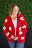 Shop Snowflake Cardigan - Red-Cardigan at Ruby Joy Boutique, a Women's Clothing Store in Pickerington, Ohio