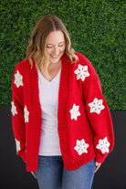 Shop Snowflake Cardigan - Red-Cardigan at Ruby Joy Boutique, a Women's Clothing Store in Pickerington, Ohio