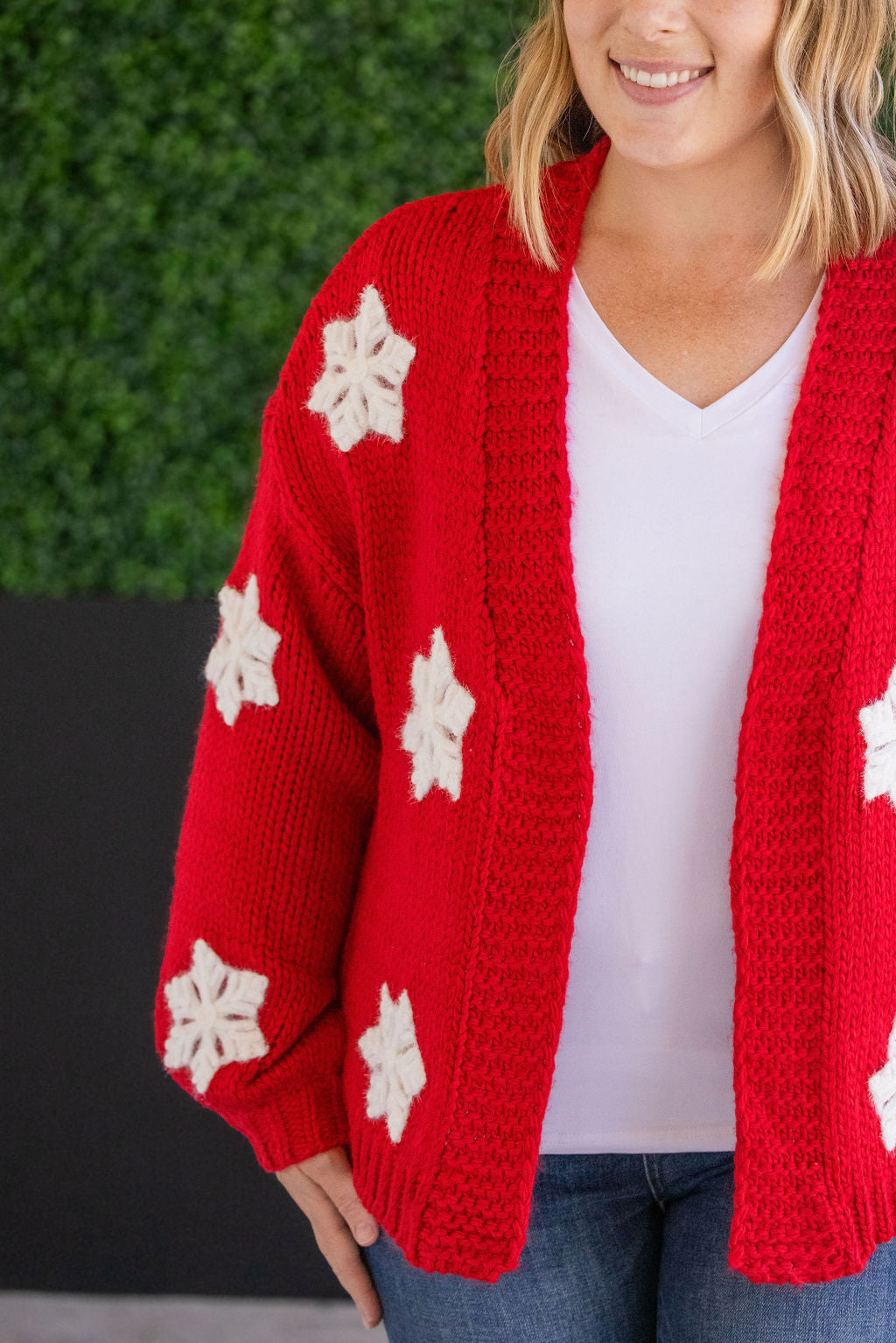 Shop Snowflake Cardigan - Red-Cardigan at Ruby Joy Boutique, a Women's Clothing Store in Pickerington, Ohio