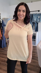 Shop Soleil Ribbed Tee with Cutout-Shirts & Tops at Ruby Joy Boutique, a Women's Clothing Store in Pickerington, Ohio