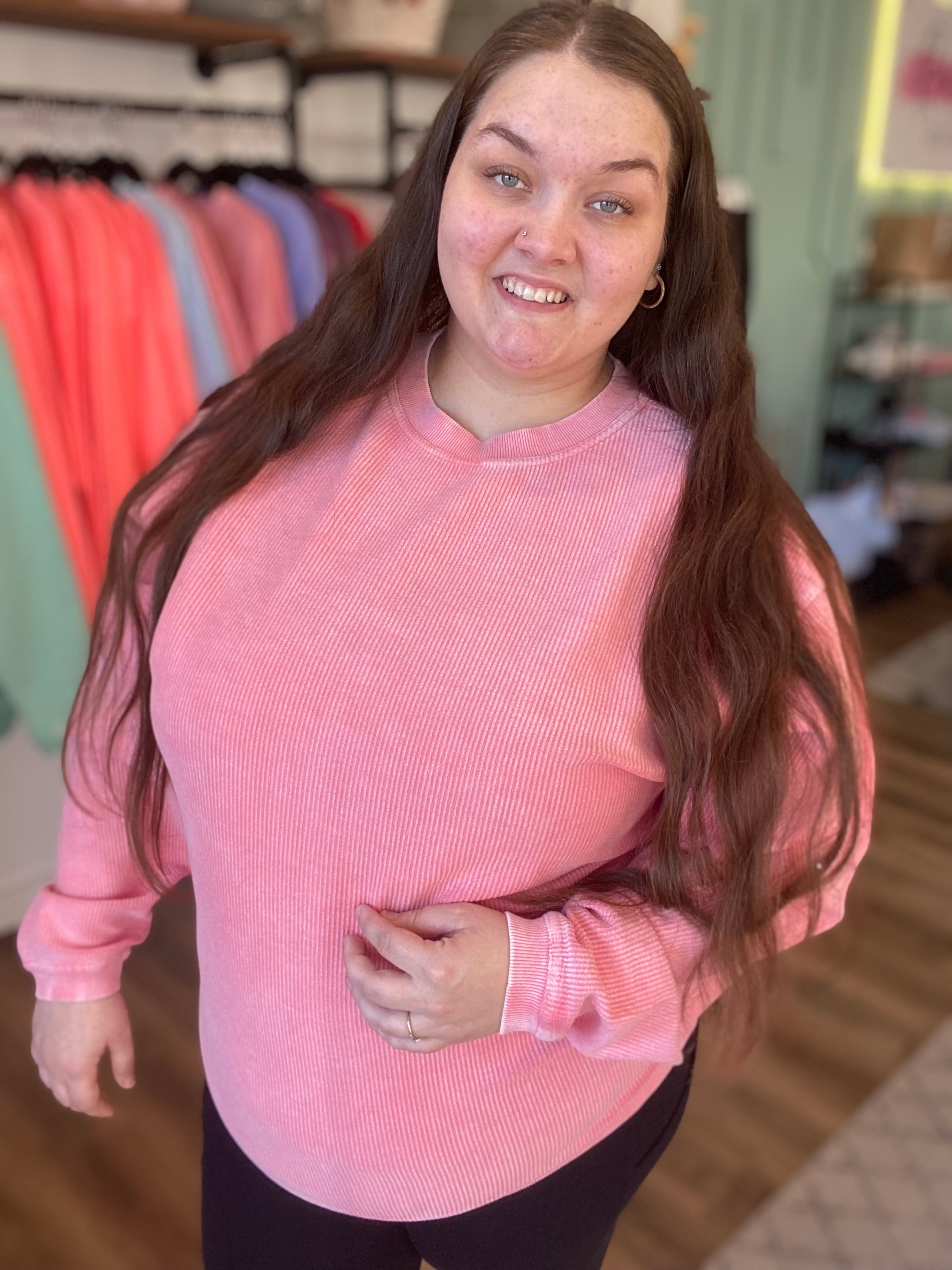 Shop Solid Corded Crew - Desert Flower-Sweatshirt at Ruby Joy Boutique, a Women's Clothing Store in Pickerington, Ohio