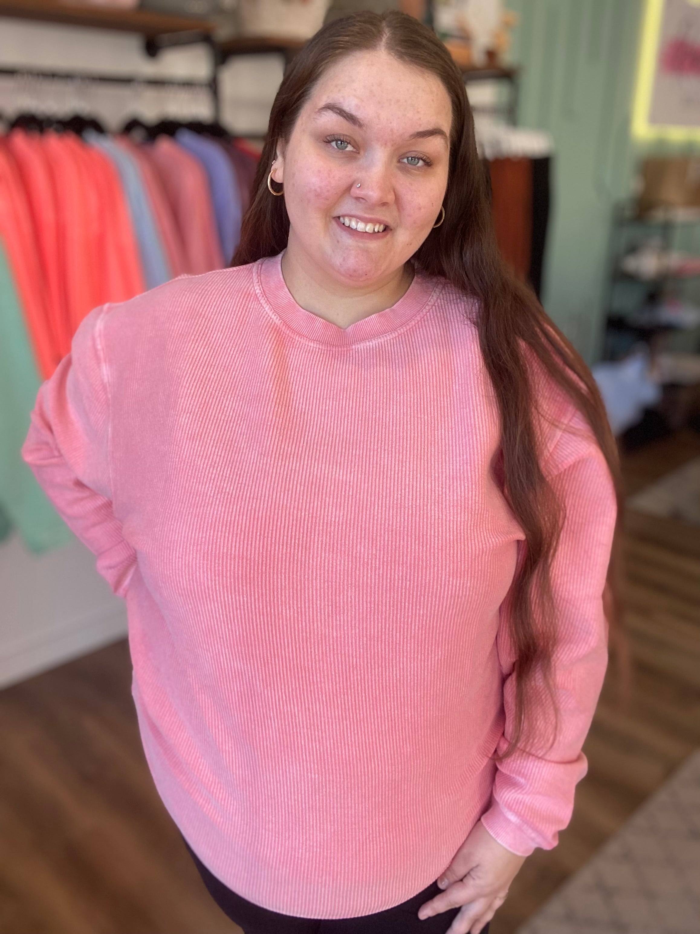 Shop Solid Corded Crew - Desert Flower-Sweatshirt at Ruby Joy Boutique, a Women's Clothing Store in Pickerington, Ohio