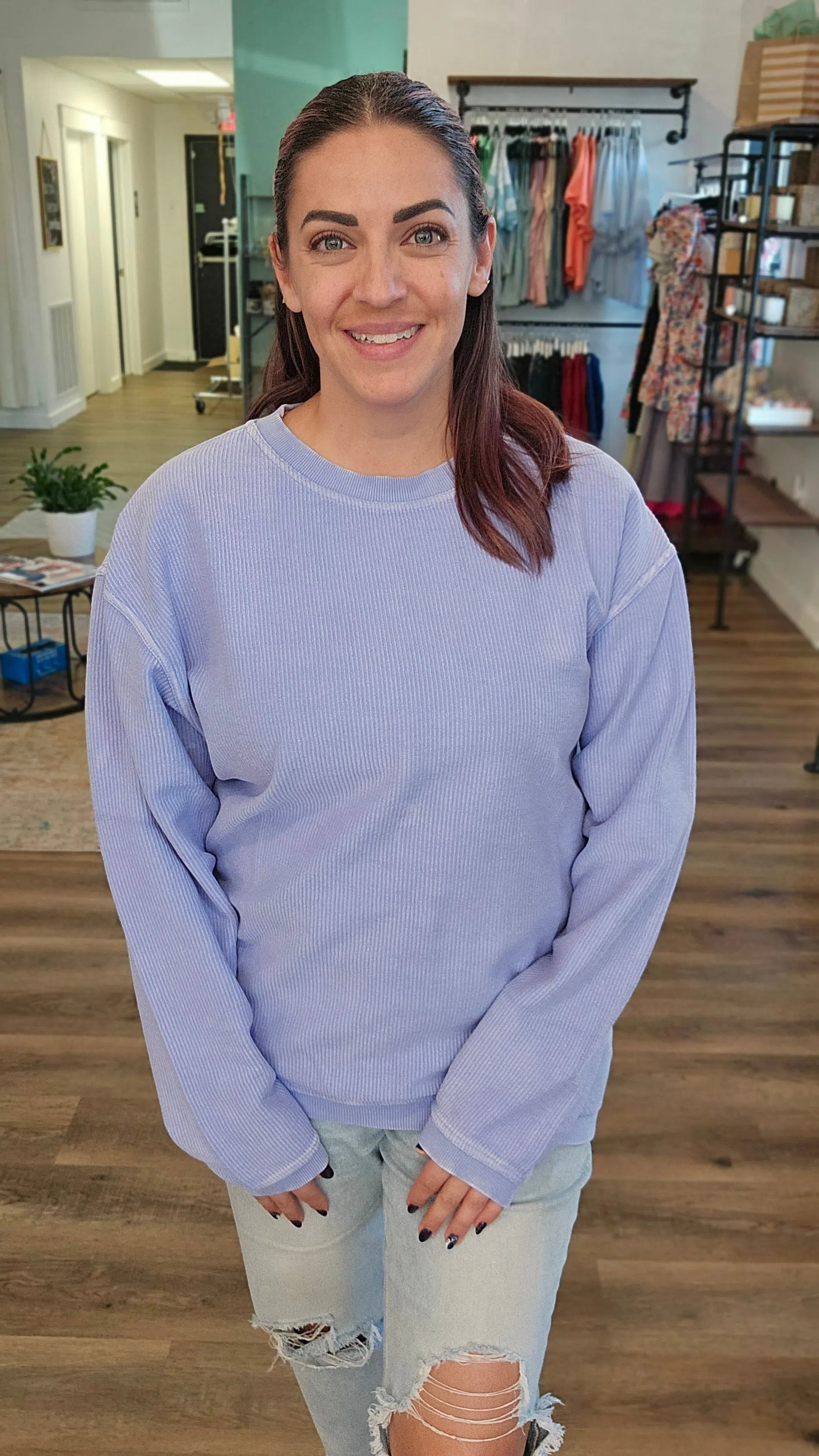 Shop Solid Corded Crew - Periwinkle-Sweatshirt at Ruby Joy Boutique, a Women's Clothing Store in Pickerington, Ohio