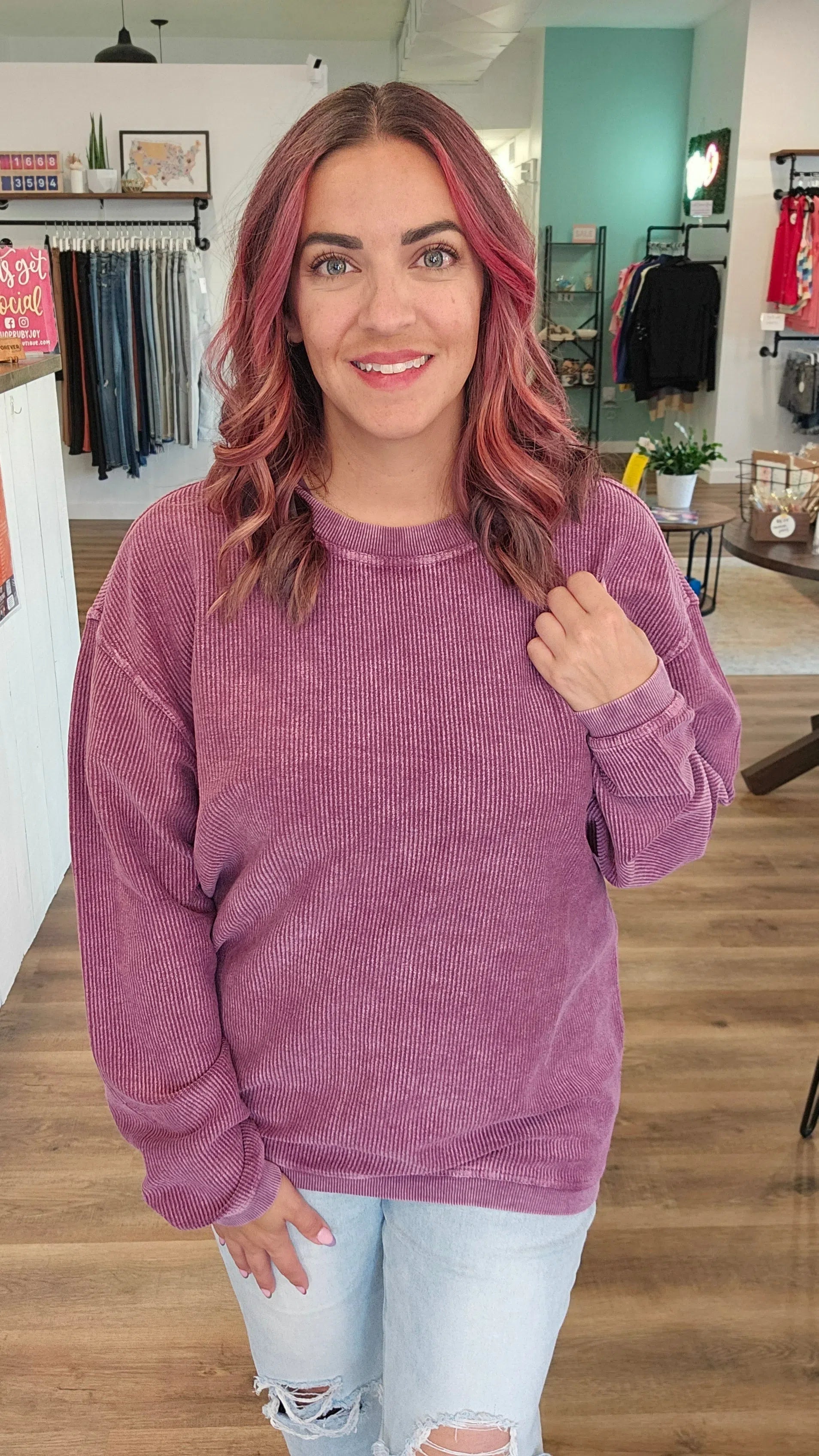 Shop Solid Corded Crew - Plum-Sweatshirt at Ruby Joy Boutique, a Women's Clothing Store in Pickerington, Ohio