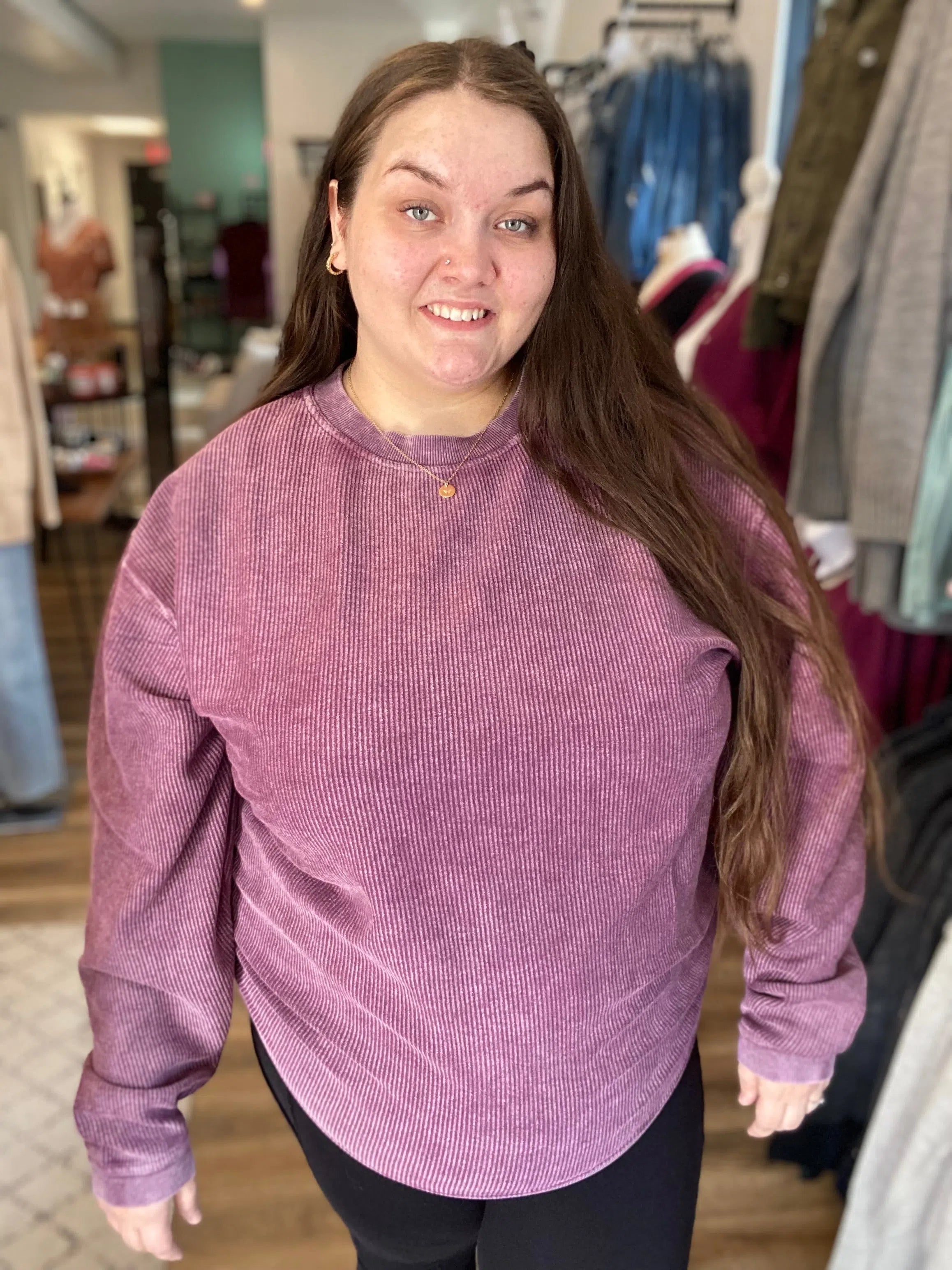 Shop Solid Corded Crew - Plum-Sweatshirt at Ruby Joy Boutique, a Women's Clothing Store in Pickerington, Ohio