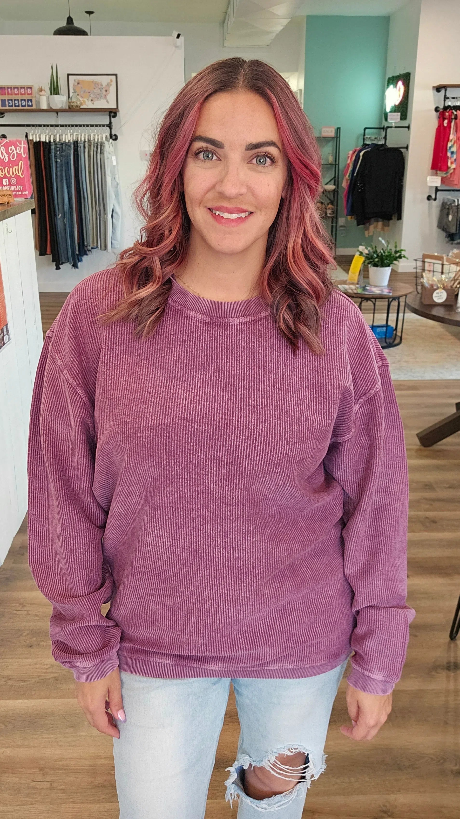 Shop Solid Corded Crew - Plum-Sweatshirt at Ruby Joy Boutique, a Women's Clothing Store in Pickerington, Ohio