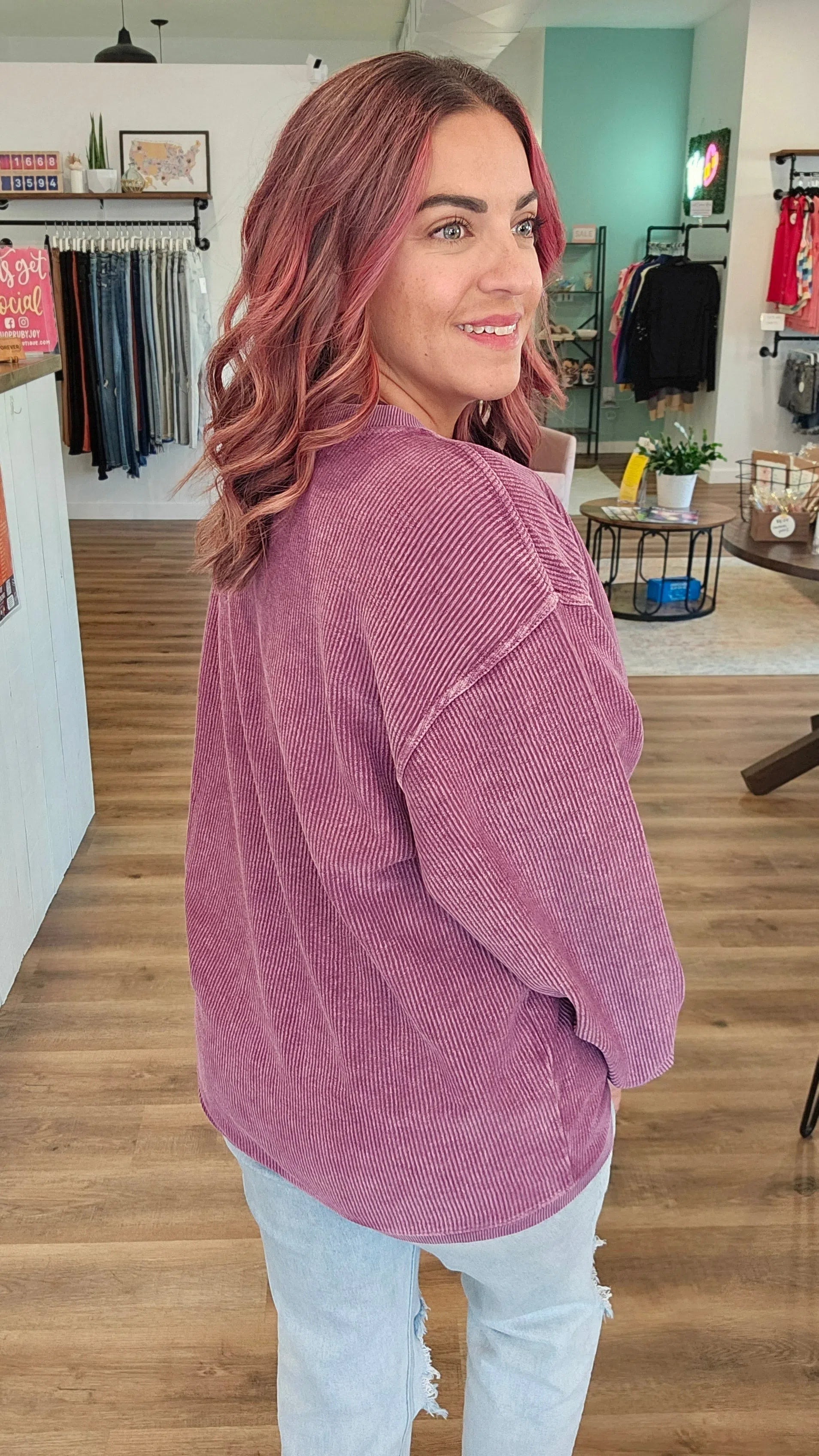 Shop Solid Corded Crew - Plum-Sweatshirt at Ruby Joy Boutique, a Women's Clothing Store in Pickerington, Ohio