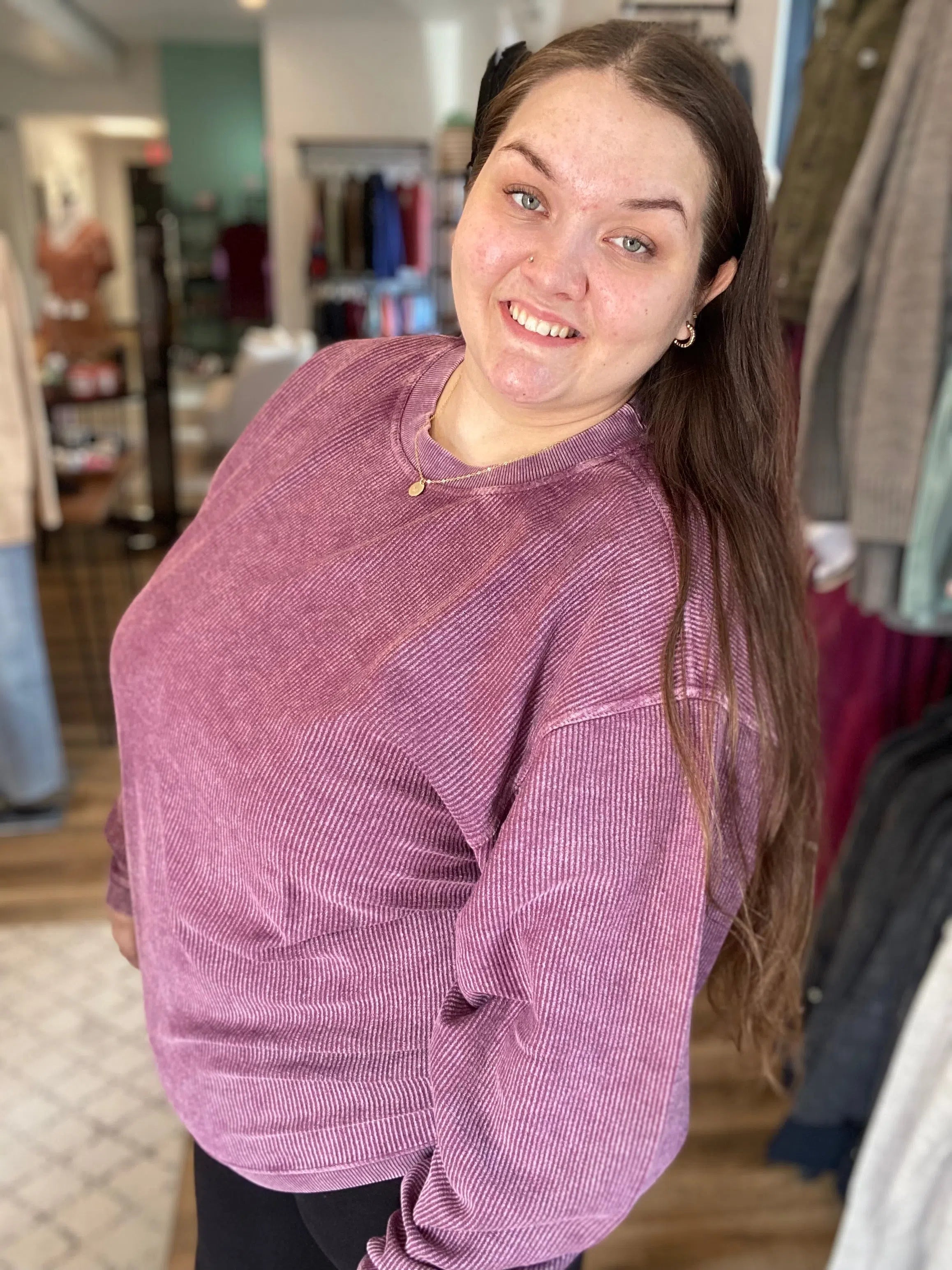 Shop Solid Corded Crew - Plum-Sweatshirt at Ruby Joy Boutique, a Women's Clothing Store in Pickerington, Ohio