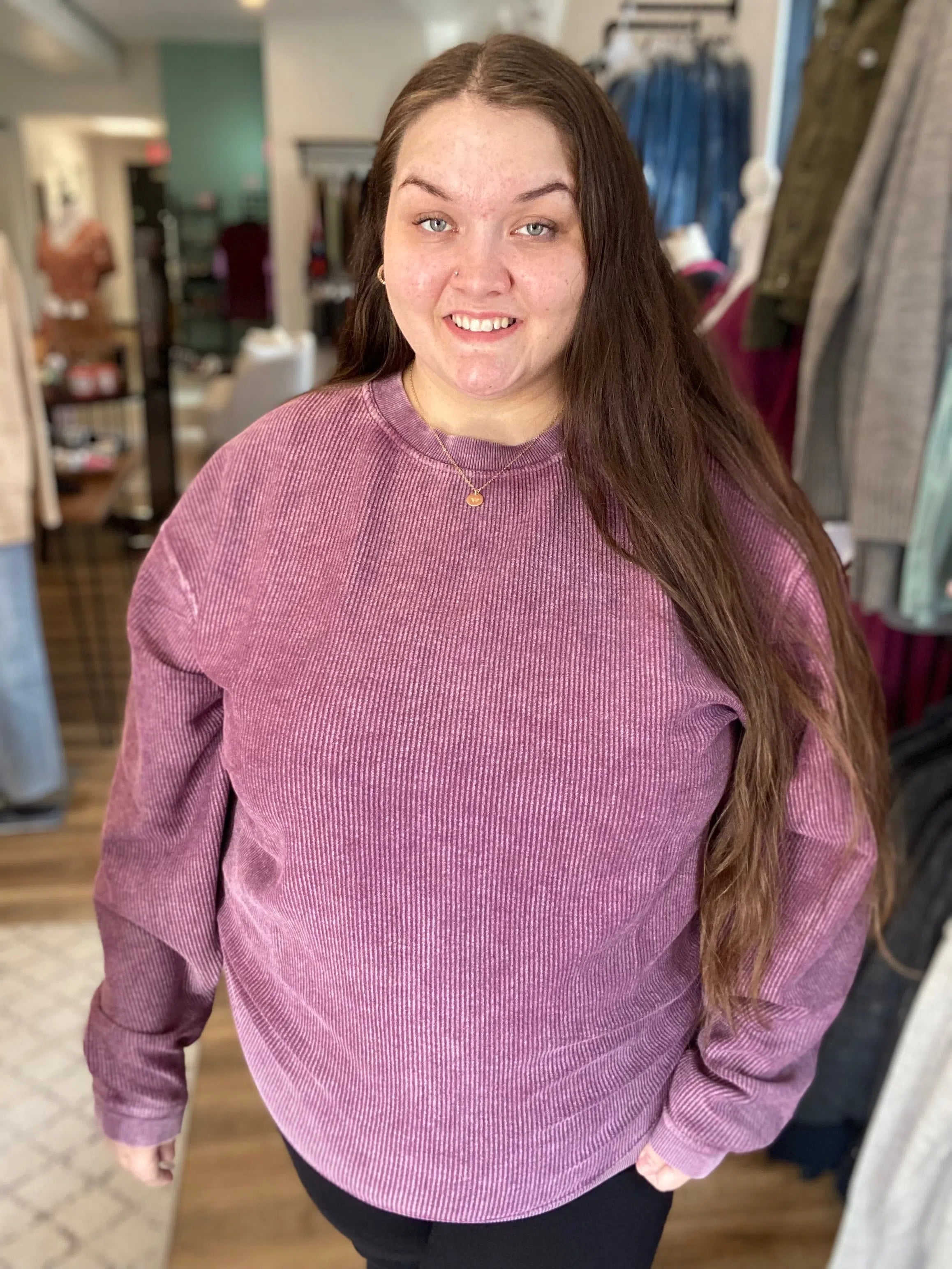 Shop Solid Corded Crew - Plum-Sweatshirt at Ruby Joy Boutique, a Women's Clothing Store in Pickerington, Ohio