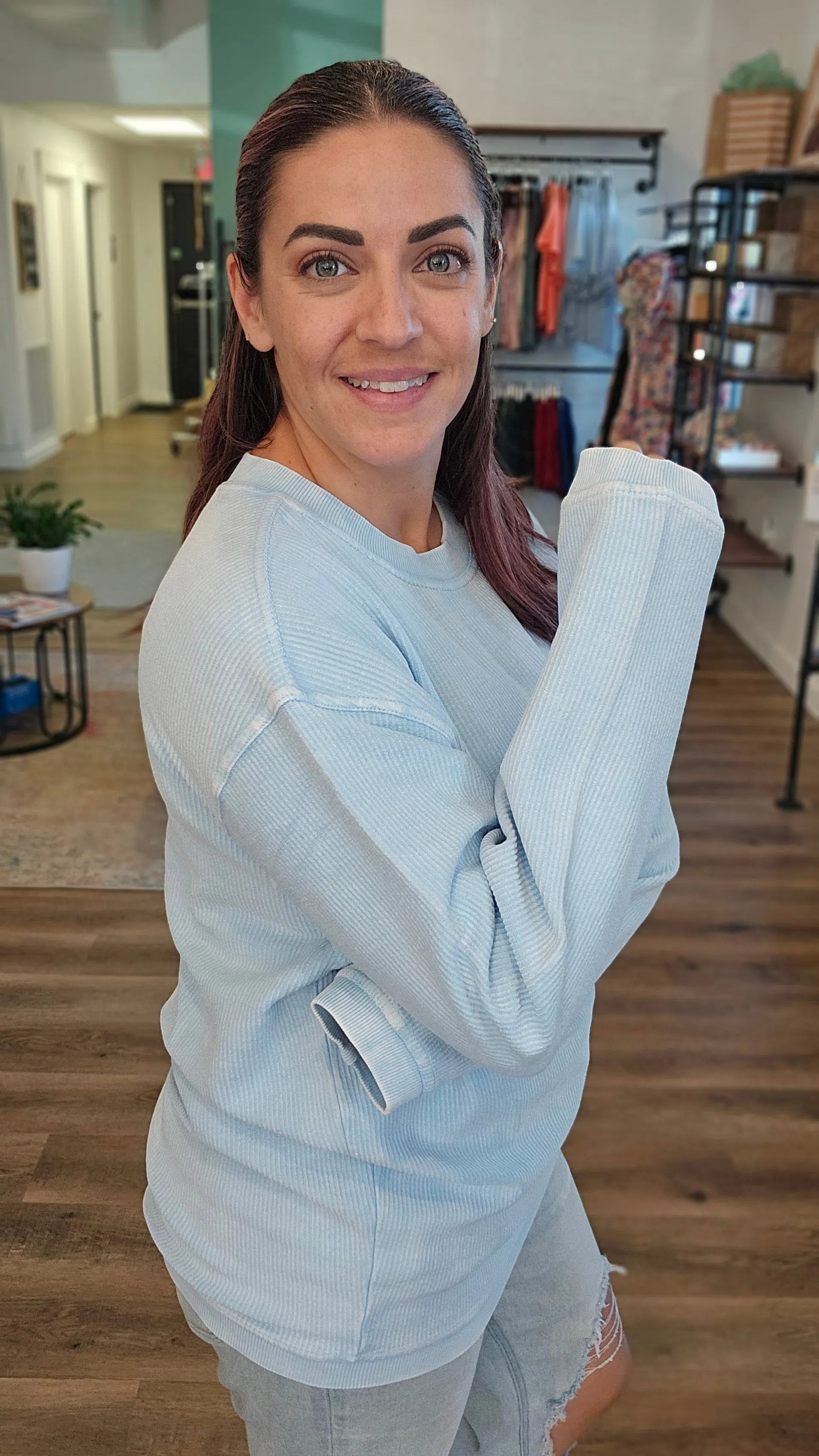 Shop Solid Corded Crew - Sky Blue-Sweatshirt at Ruby Joy Boutique, a Women's Clothing Store in Pickerington, Ohio