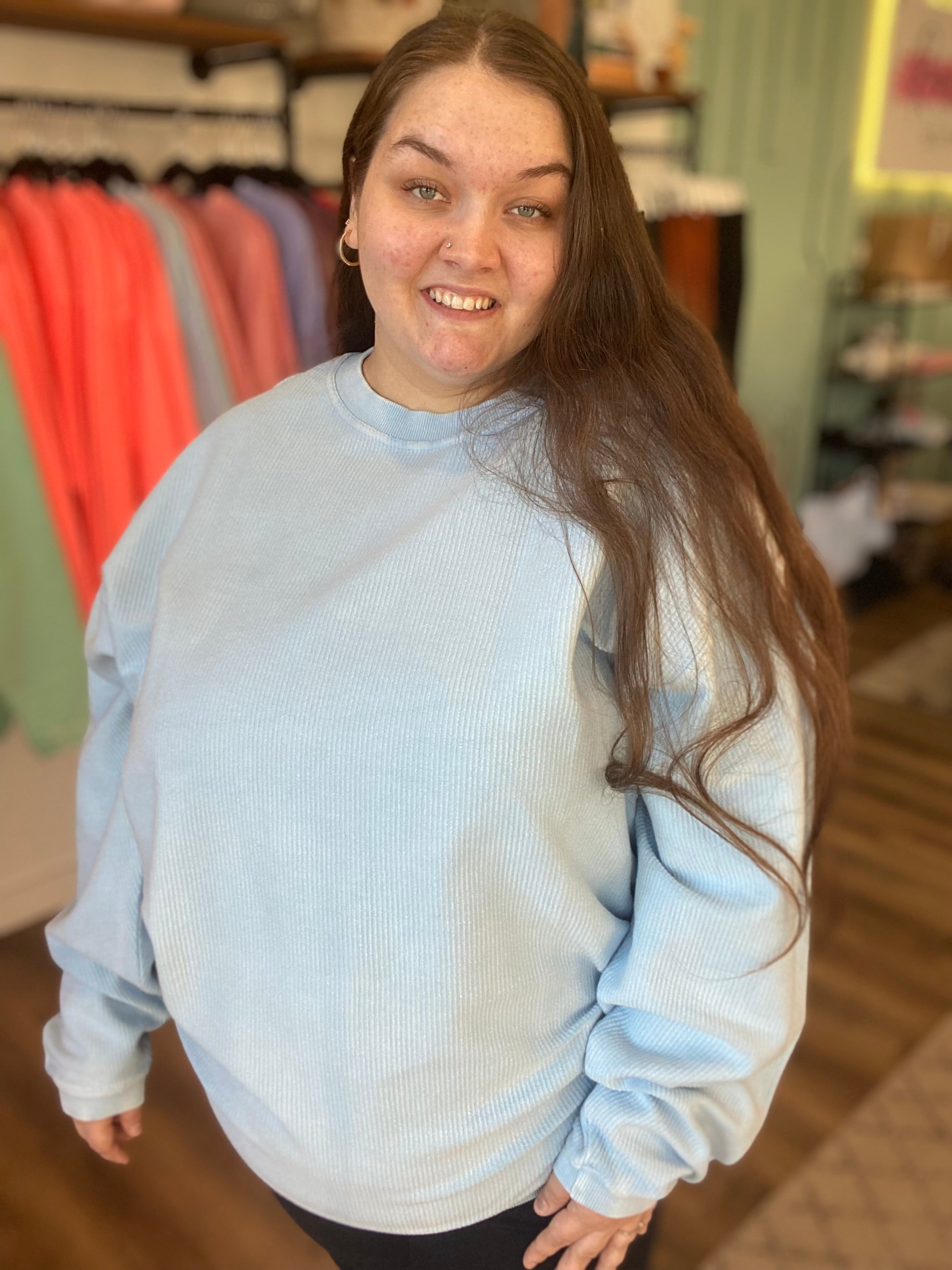 Shop Solid Corded Crew - Sky Blue-Sweatshirt at Ruby Joy Boutique, a Women's Clothing Store in Pickerington, Ohio