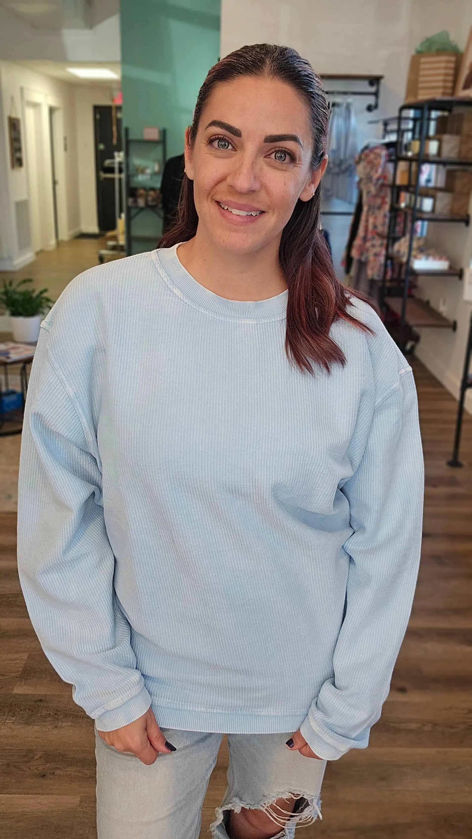 Shop Solid Corded Crew - Sky Blue-Sweatshirt at Ruby Joy Boutique, a Women's Clothing Store in Pickerington, Ohio