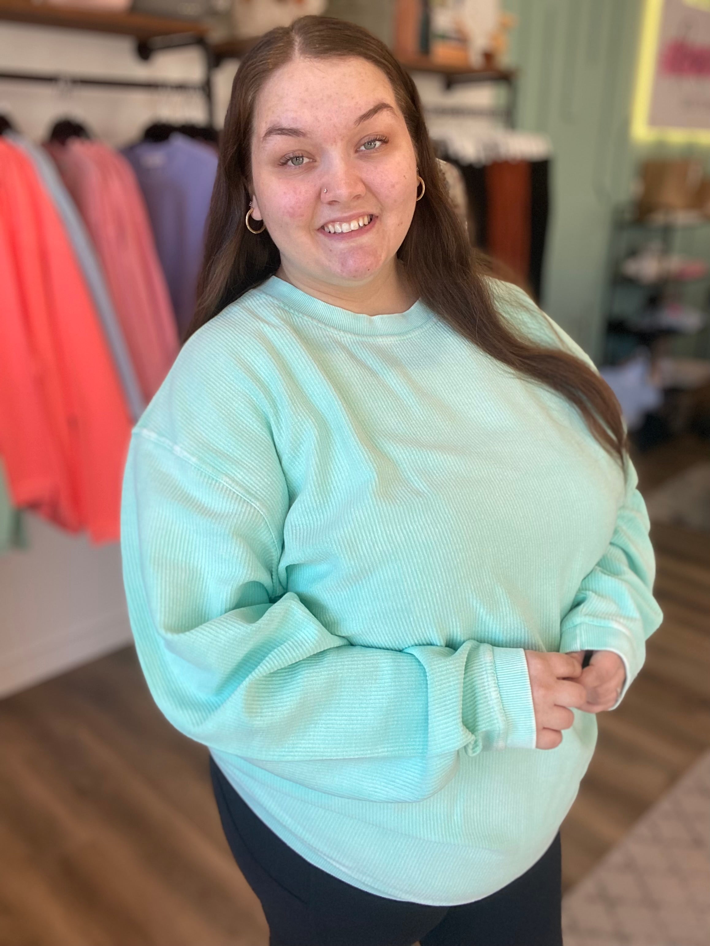 Shop Solid Corded Crew - Spearmint-Sweatshirt at Ruby Joy Boutique, a Women's Clothing Store in Pickerington, Ohio