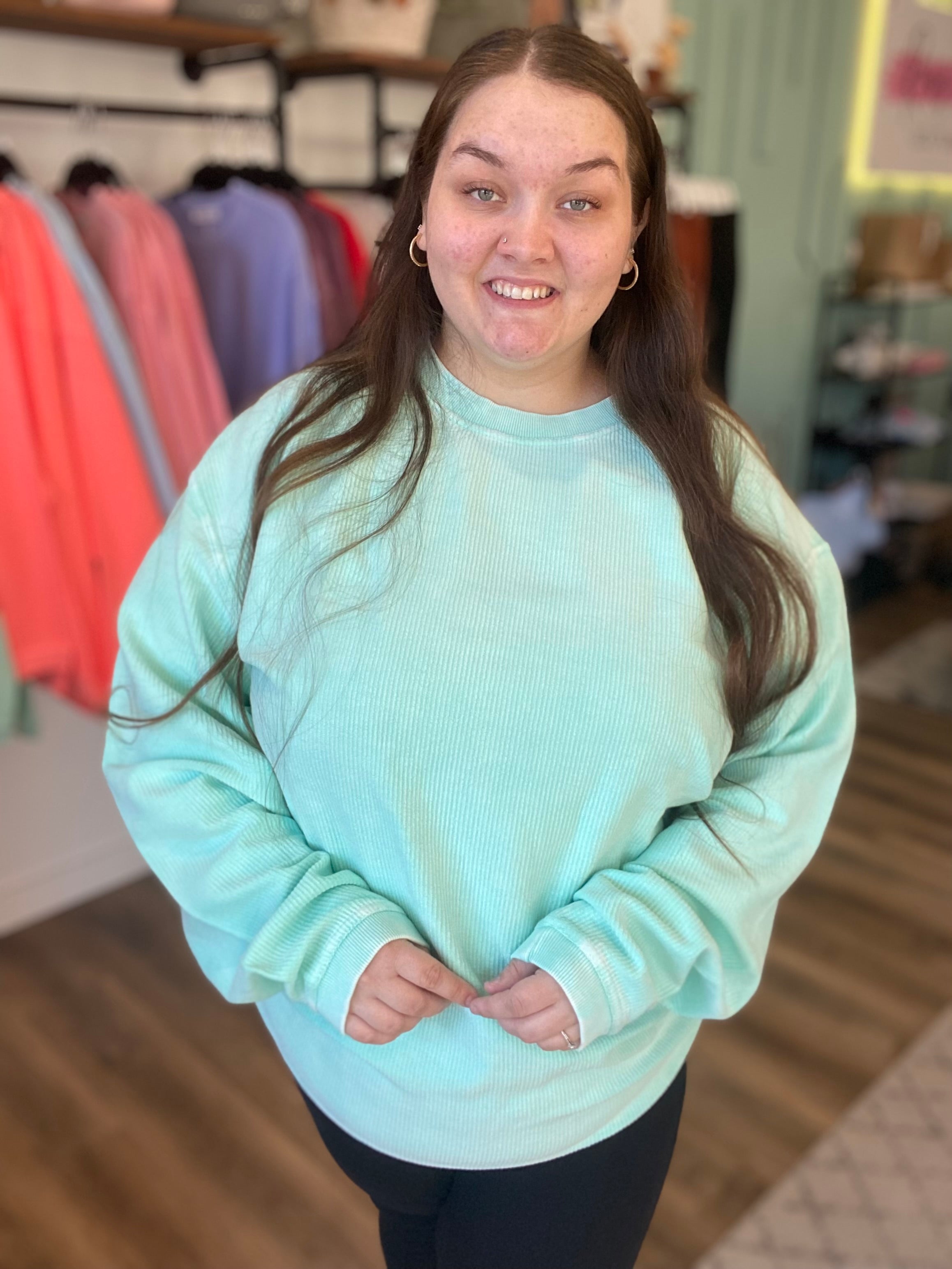 Shop Solid Corded Crew - Spearmint-Sweatshirt at Ruby Joy Boutique, a Women's Clothing Store in Pickerington, Ohio