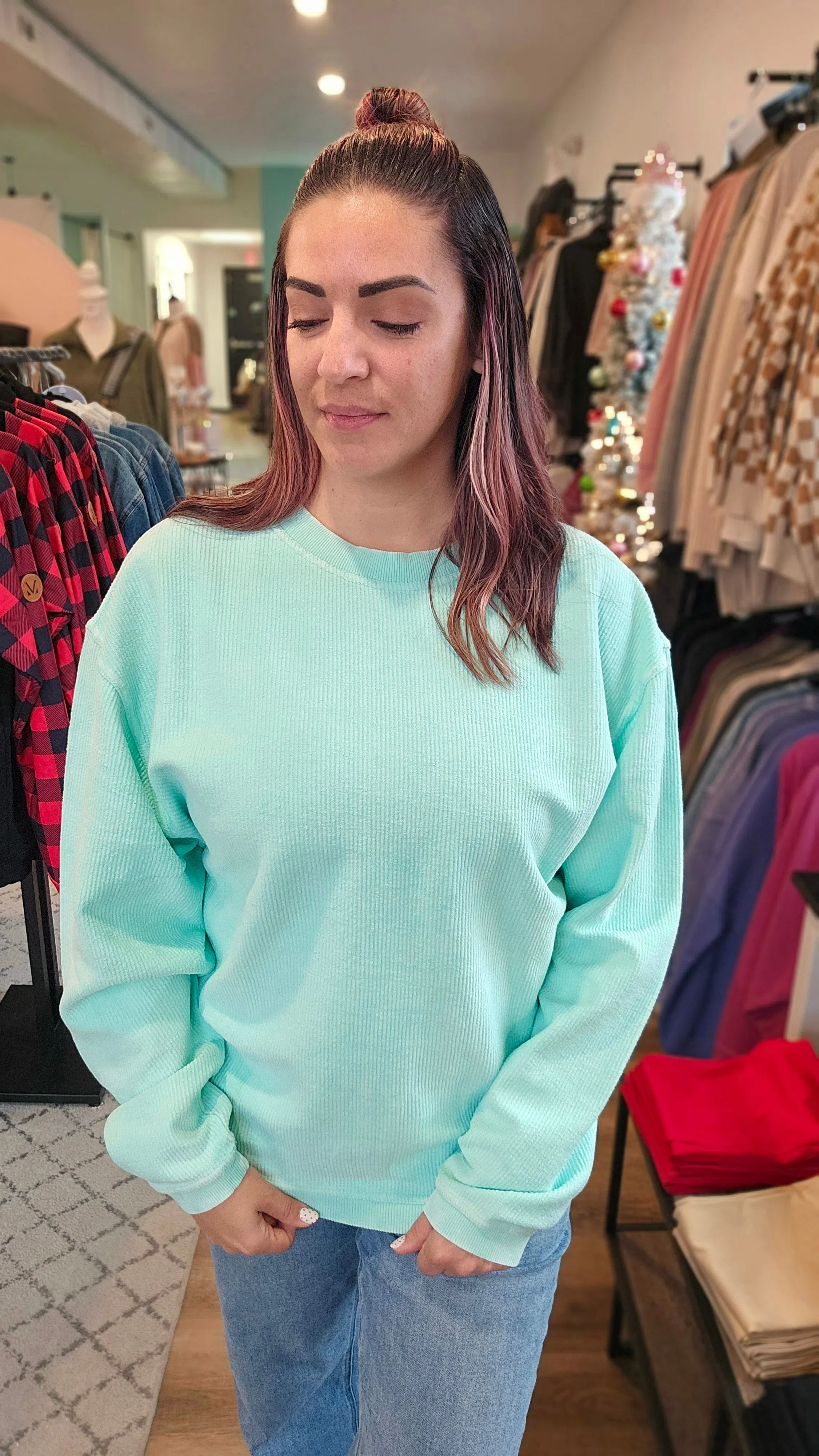 Shop Solid Corded Crew - Spearmint-Sweatshirt at Ruby Joy Boutique, a Women's Clothing Store in Pickerington, Ohio