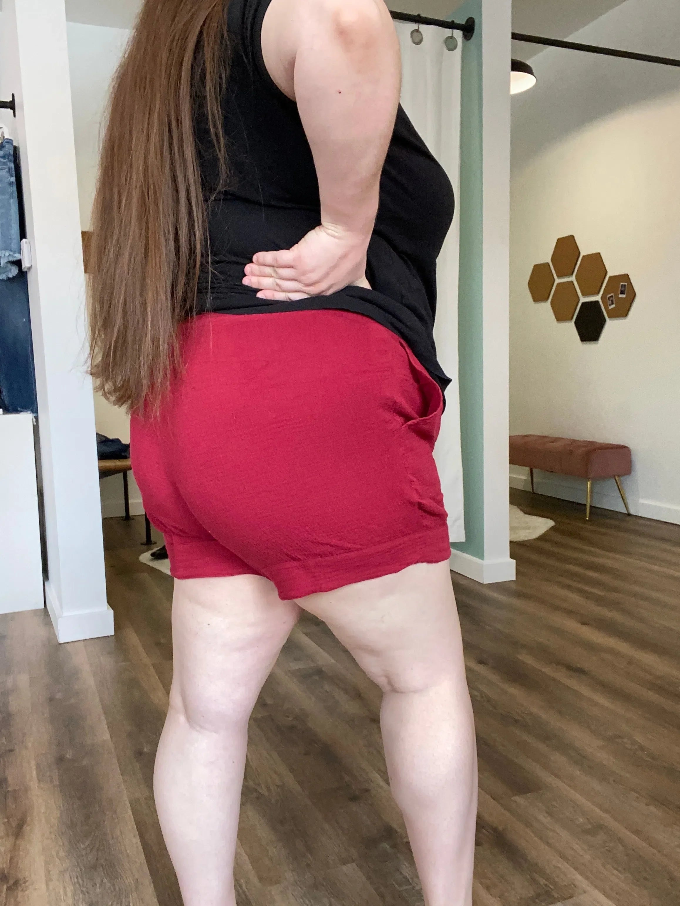 Shop Sonia Gauzy Drawstring Shorts - Garnet-Shorts at Ruby Joy Boutique, a Women's Clothing Store in Pickerington, Ohio