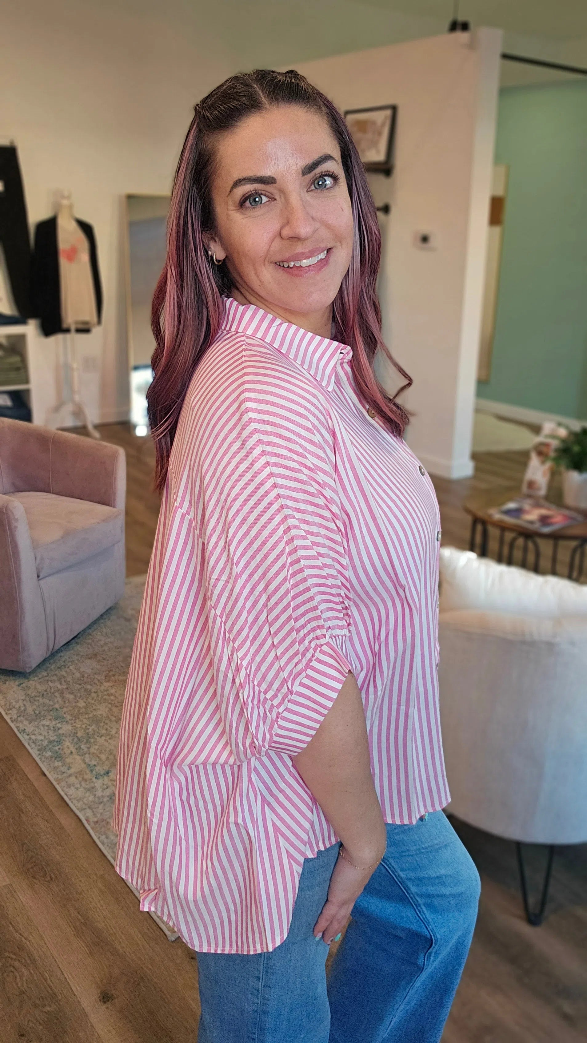 Shop Sonoma Striped Button-Down - Pink- at Ruby Joy Boutique, a Women's Clothing Store in Pickerington, Ohio