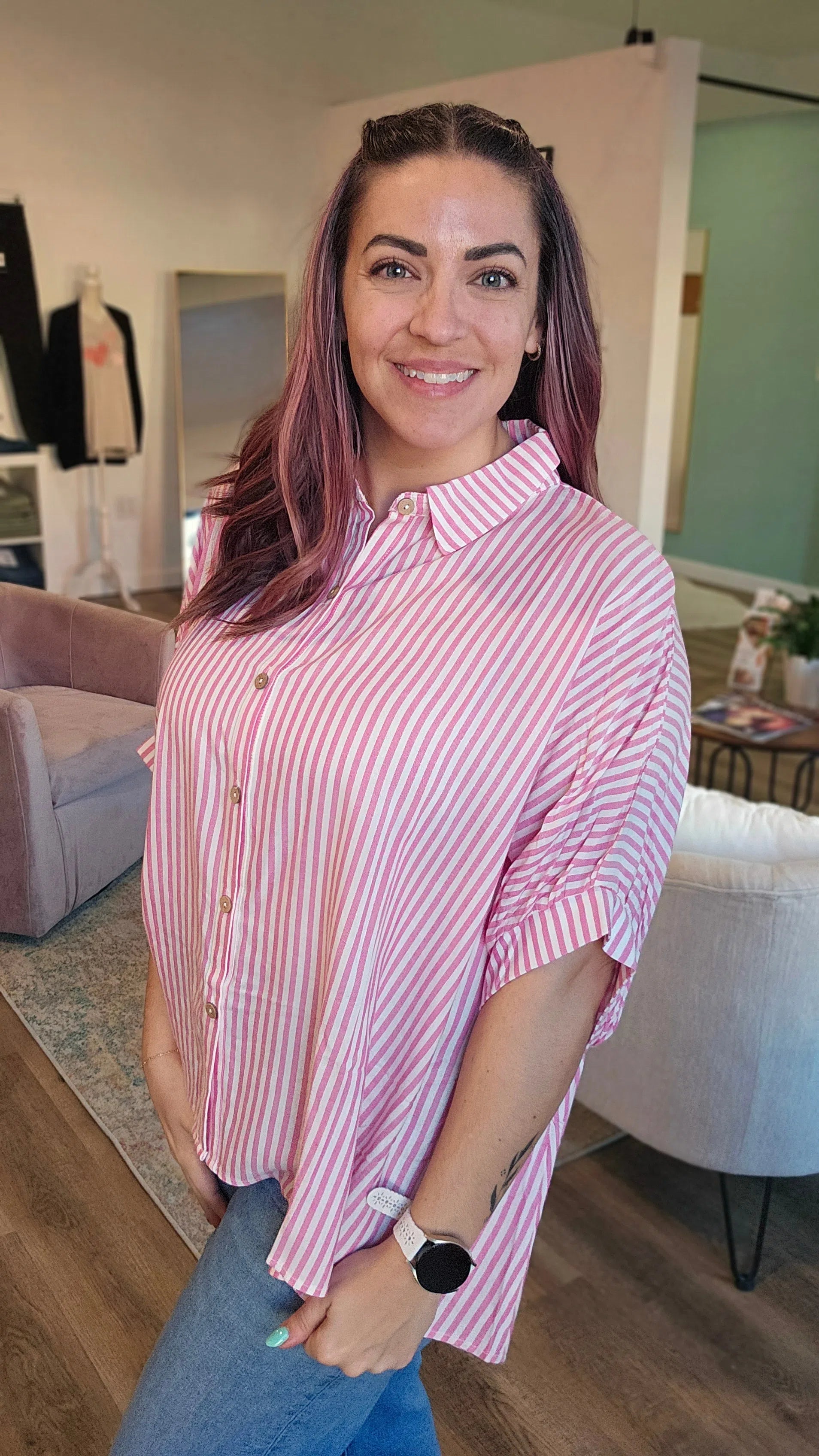 Shop Sonoma Striped Button-Down - Pink- at Ruby Joy Boutique, a Women's Clothing Store in Pickerington, Ohio