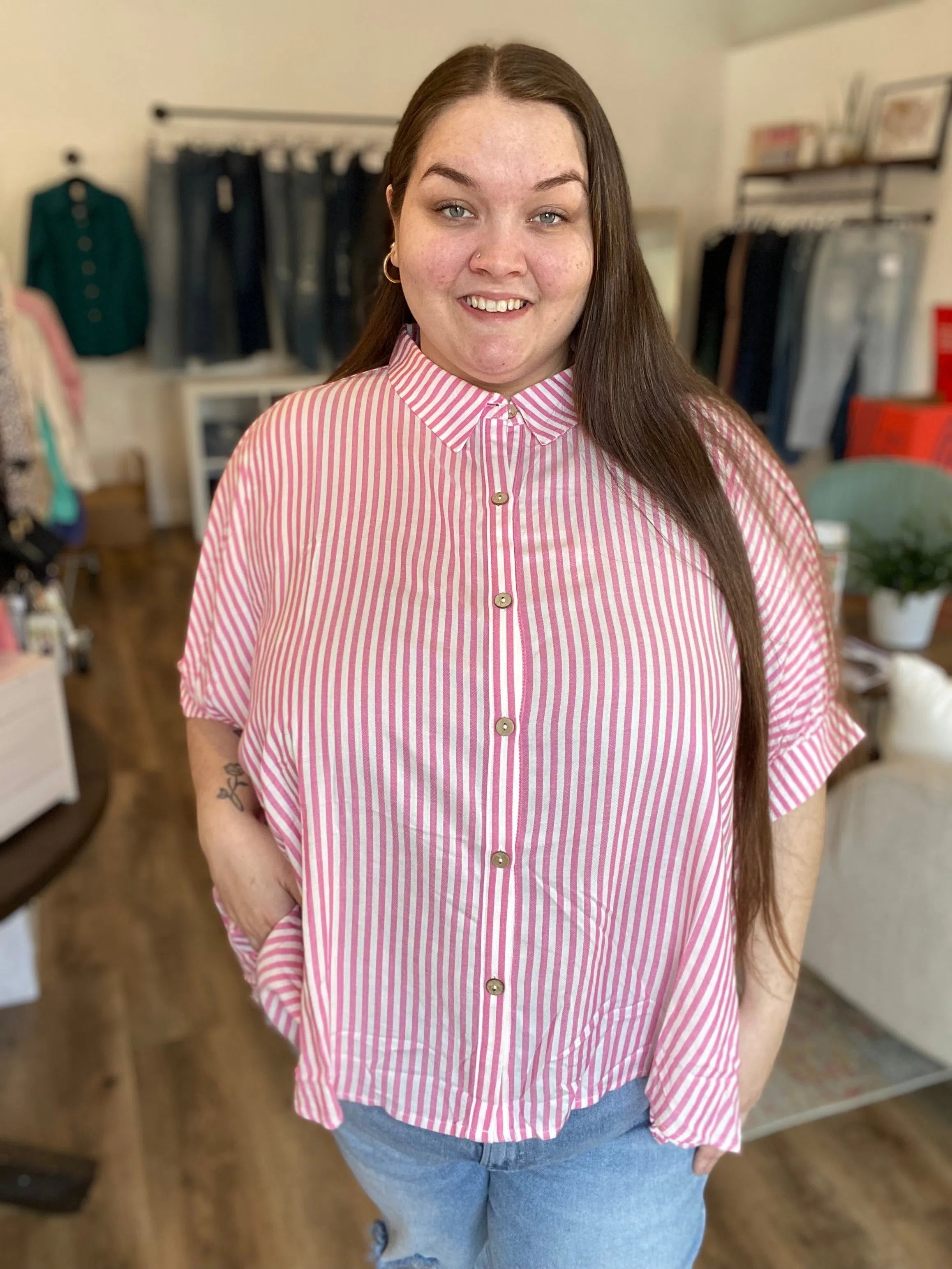 Shop Sonoma Striped Button-Down - Pink-1XL/2XL at Ruby Joy Boutique, a Women's Clothing Store in Pickerington, Ohio