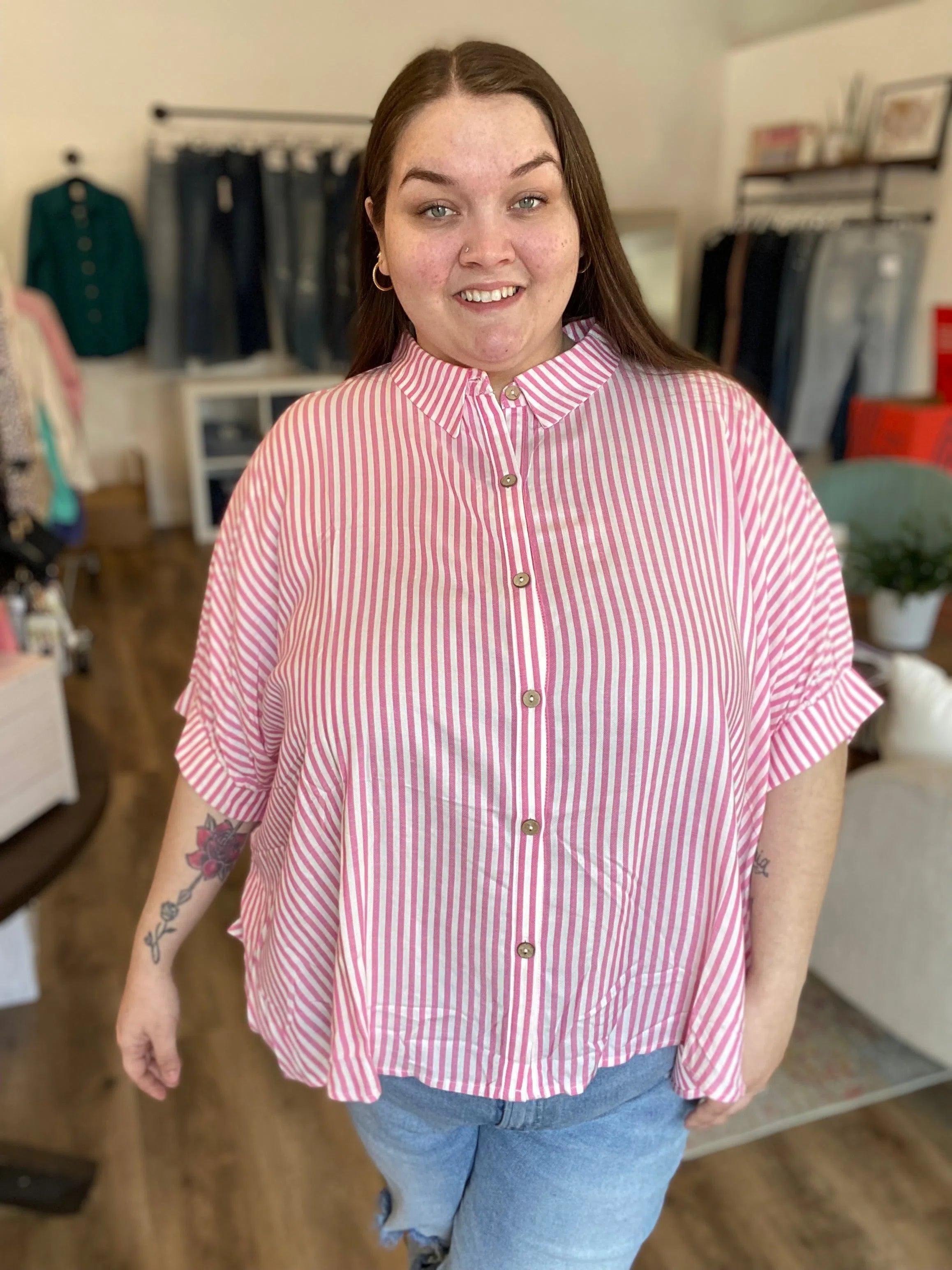 Shop Sonoma Striped Button-Down - Pink- at Ruby Joy Boutique, a Women's Clothing Store in Pickerington, Ohio