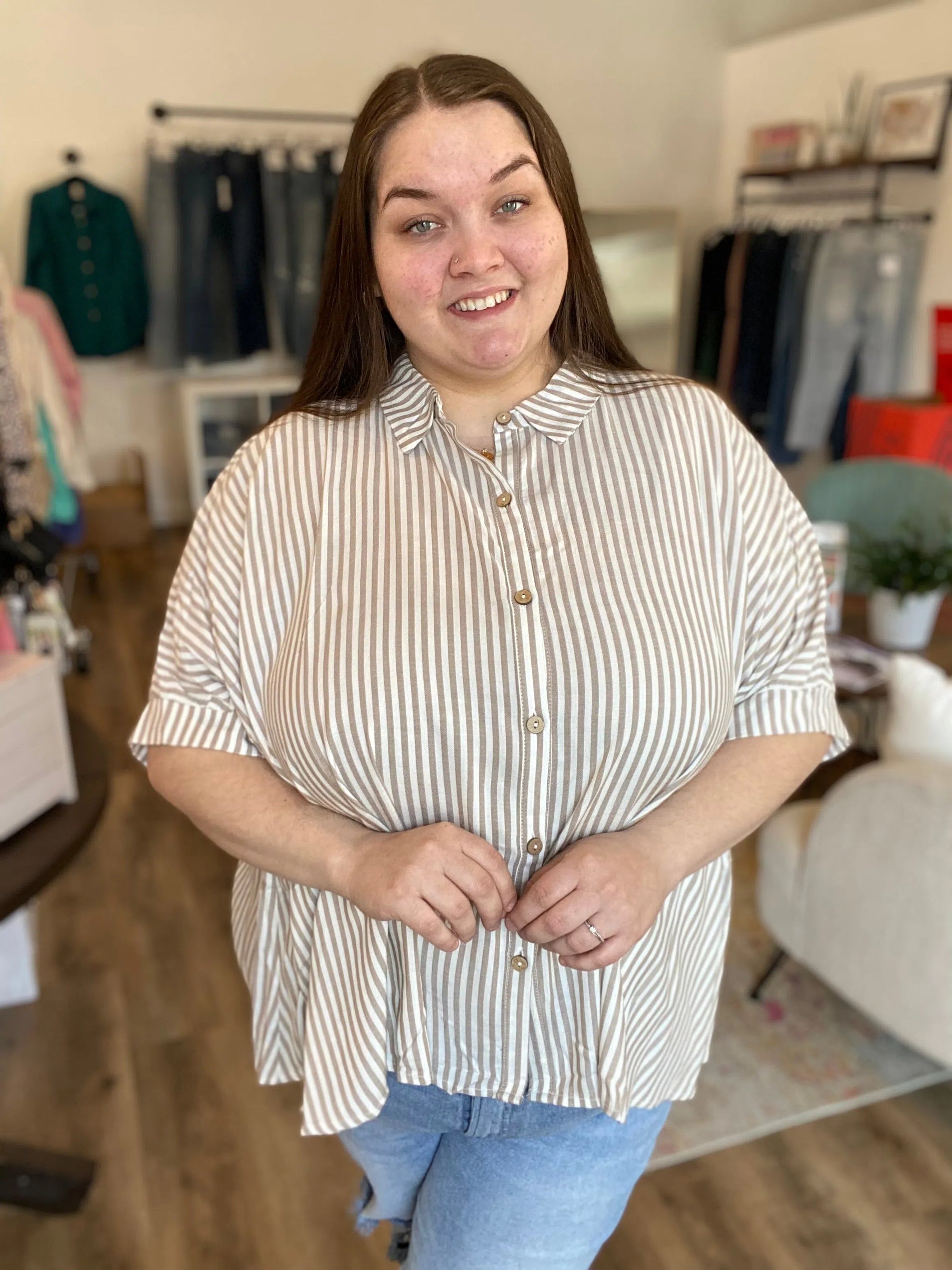 Shop Sonoma Striped Button-Down - Tan- at Ruby Joy Boutique, a Women's Clothing Store in Pickerington, Ohio