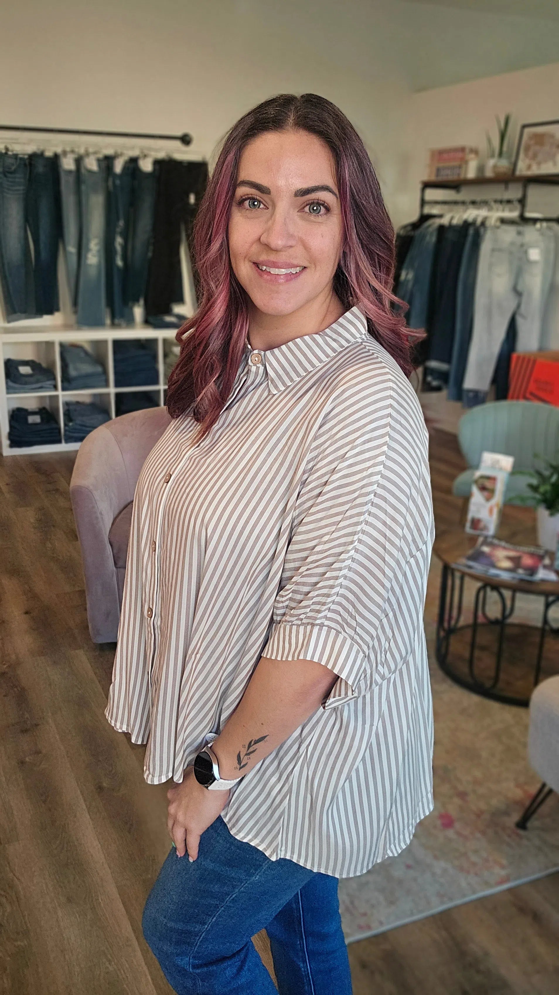 Shop Sonoma Striped Button-Down - Tan- at Ruby Joy Boutique, a Women's Clothing Store in Pickerington, Ohio