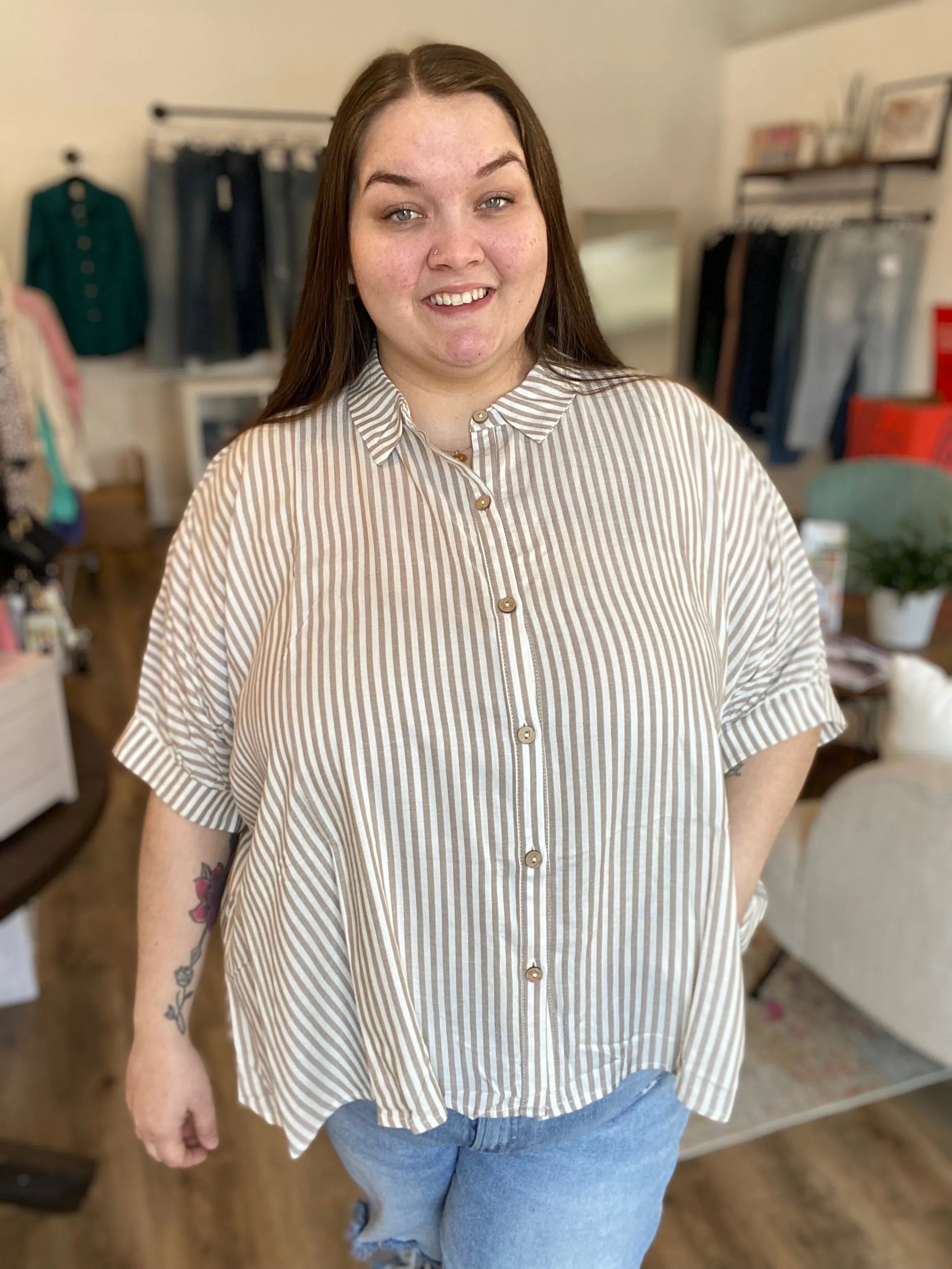 Shop Sonoma Striped Button-Down - Tan-1XL/2XL at Ruby Joy Boutique, a Women's Clothing Store in Pickerington, Ohio