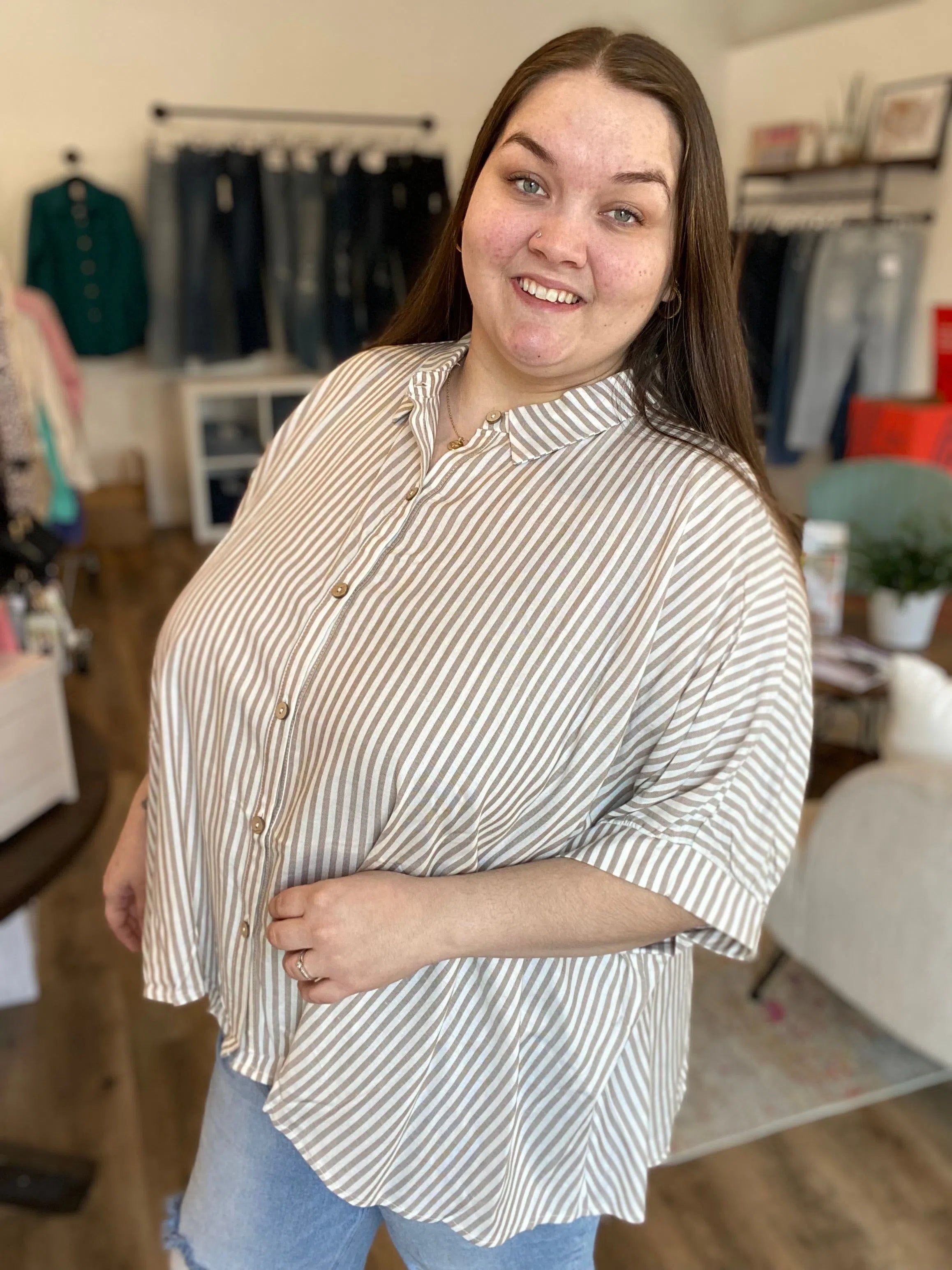 Shop Sonoma Striped Button-Down - Tan- at Ruby Joy Boutique, a Women's Clothing Store in Pickerington, Ohio