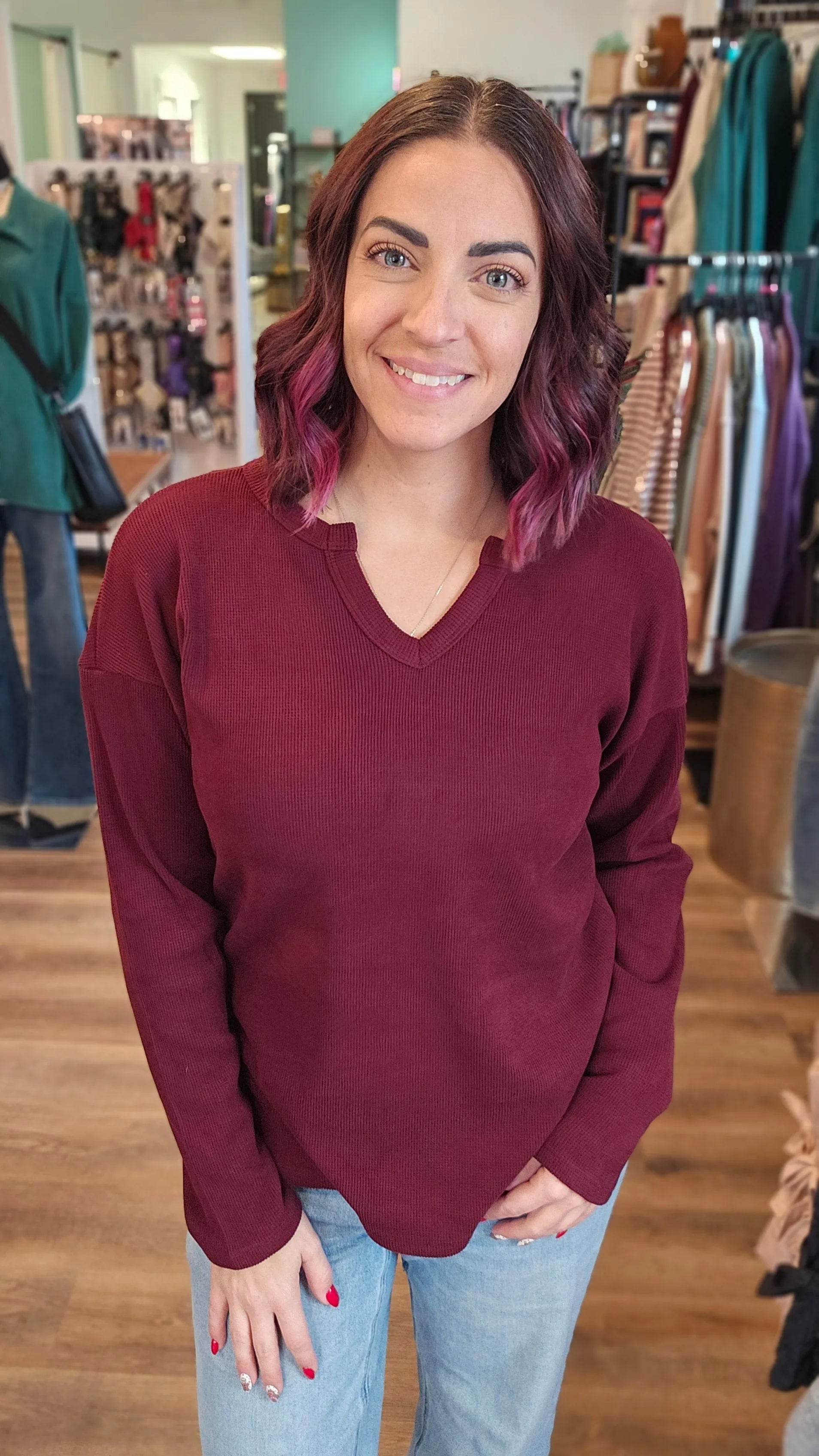 Shop Split Neck Brushed Thermal Top - Burgundy- at Ruby Joy Boutique, a Women's Clothing Store in Pickerington, Ohio