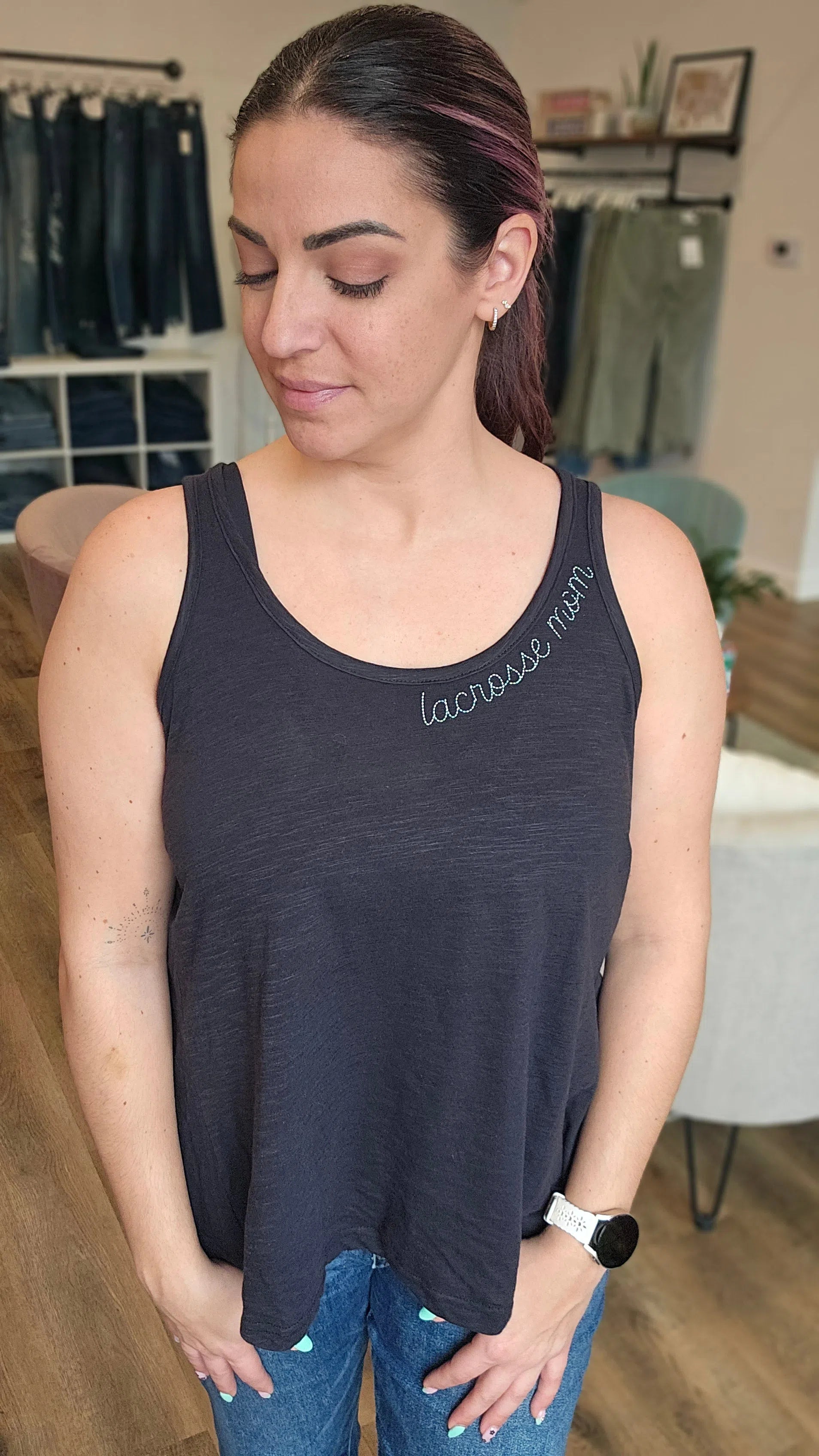 Shop Sports Mom Faux Embroidery Tank - Custom- at Ruby Joy Boutique, a Women's Clothing Store in Pickerington, Ohio