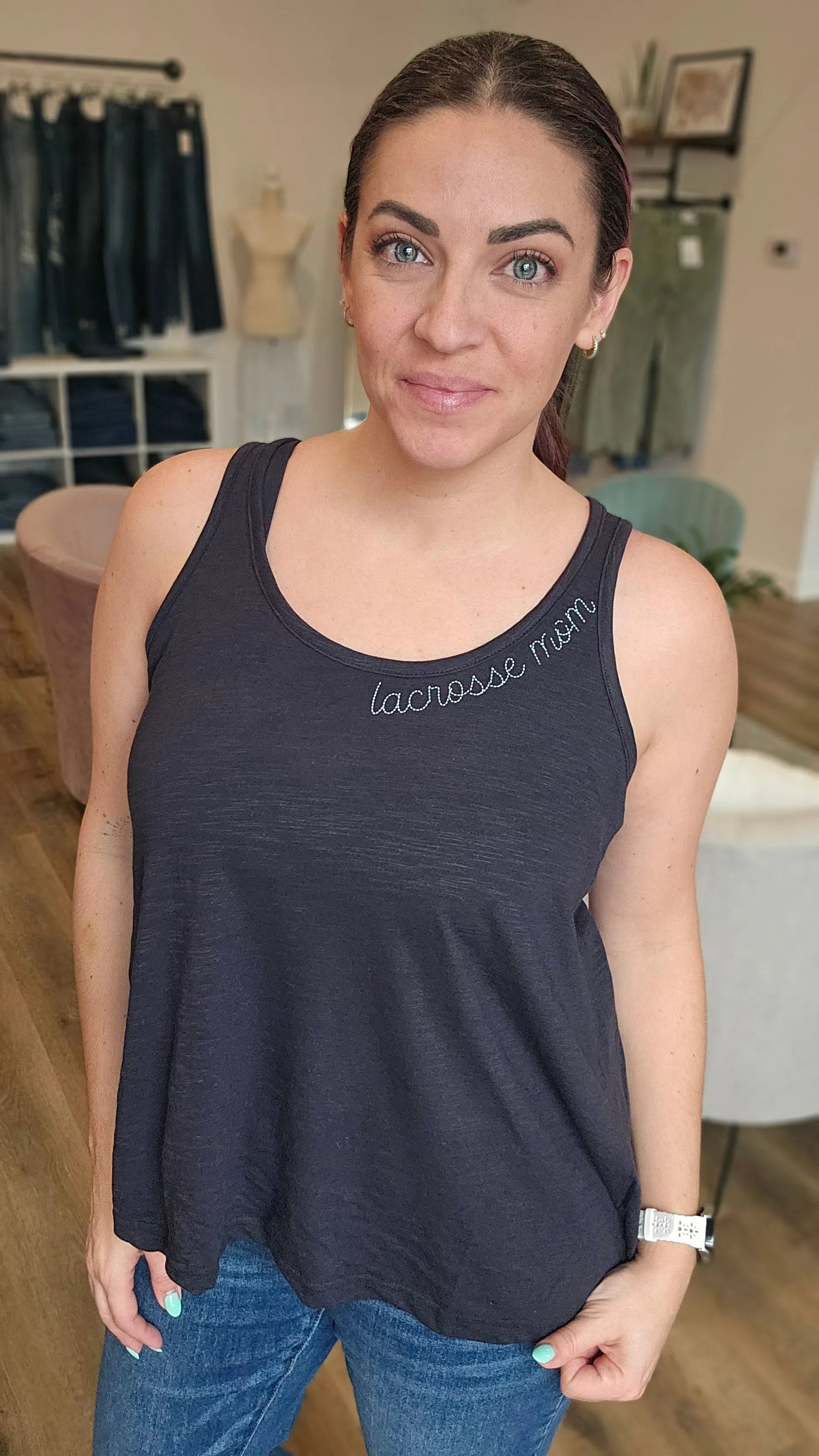 Shop Sports Mom Faux Embroidery Tank - Custom-Small at Ruby Joy Boutique, a Women's Clothing Store in Pickerington, Ohio