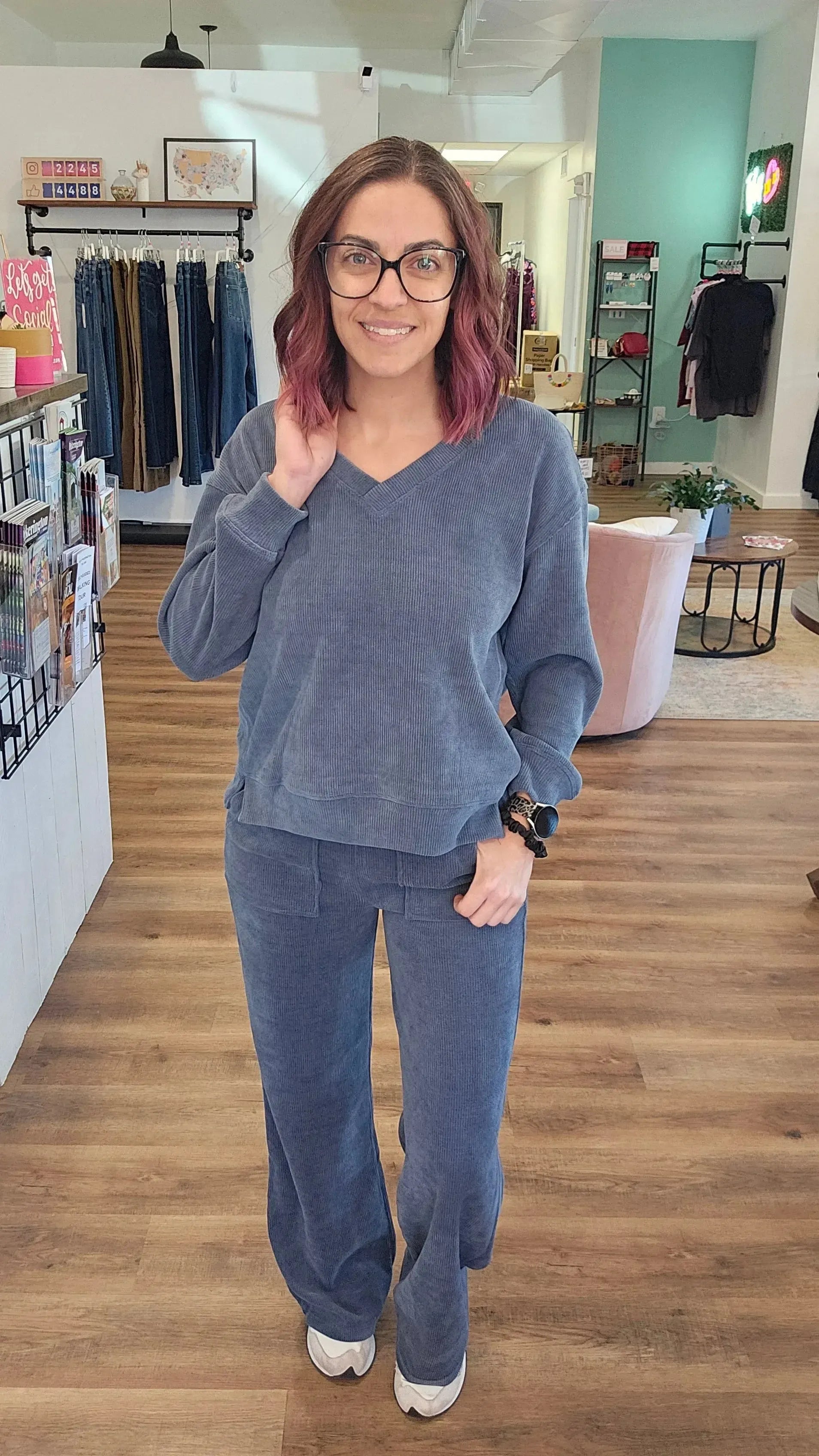 Shop Straight Leg Corded Pants - Denim- at Ruby Joy Boutique, a Women's Clothing Store in Pickerington, Ohio