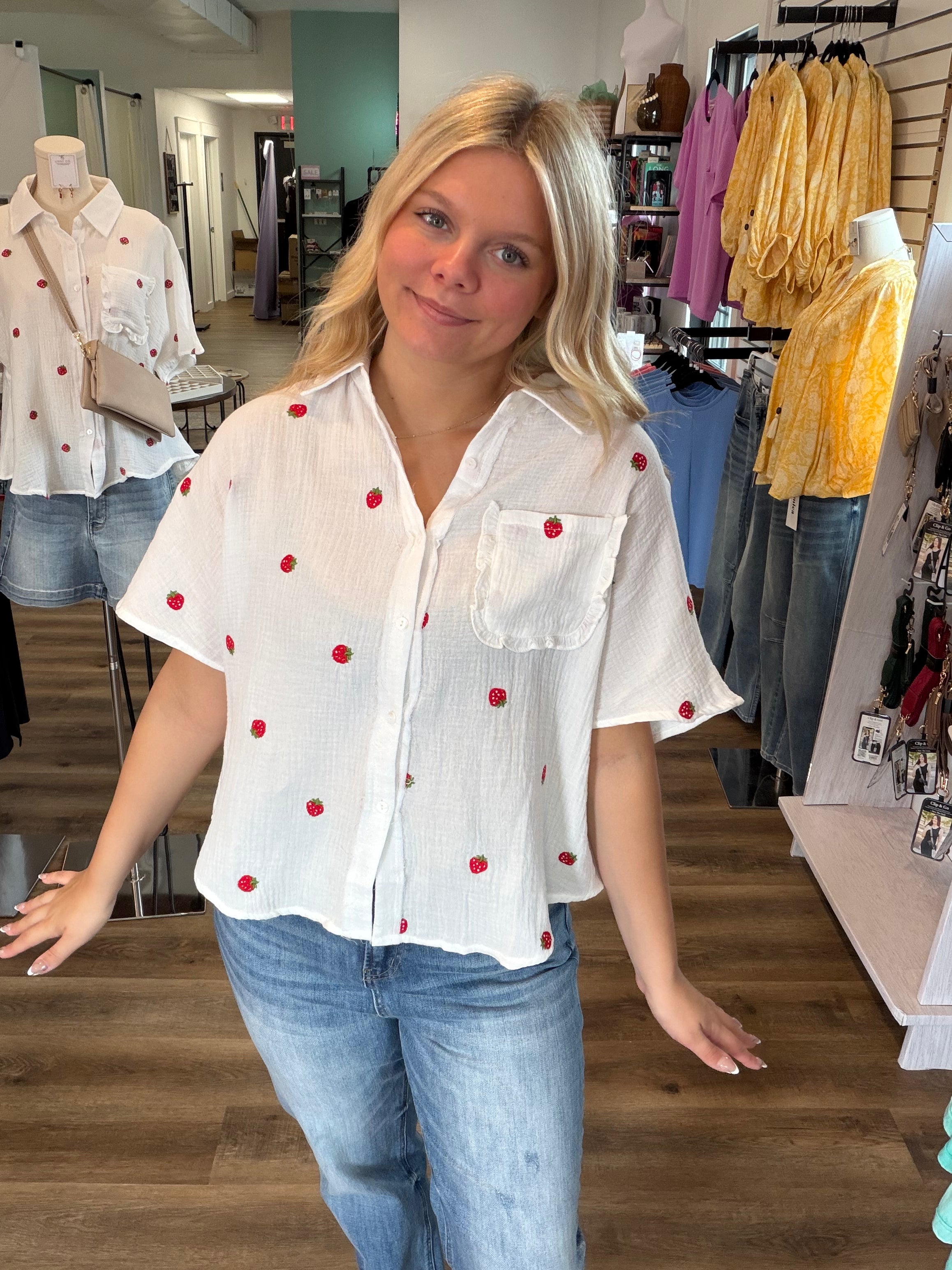 Shop Strawberry Embroidered Gauze Button-Down Shirt- at Ruby Joy Boutique, a Women's Clothing Store in Pickerington, Ohio