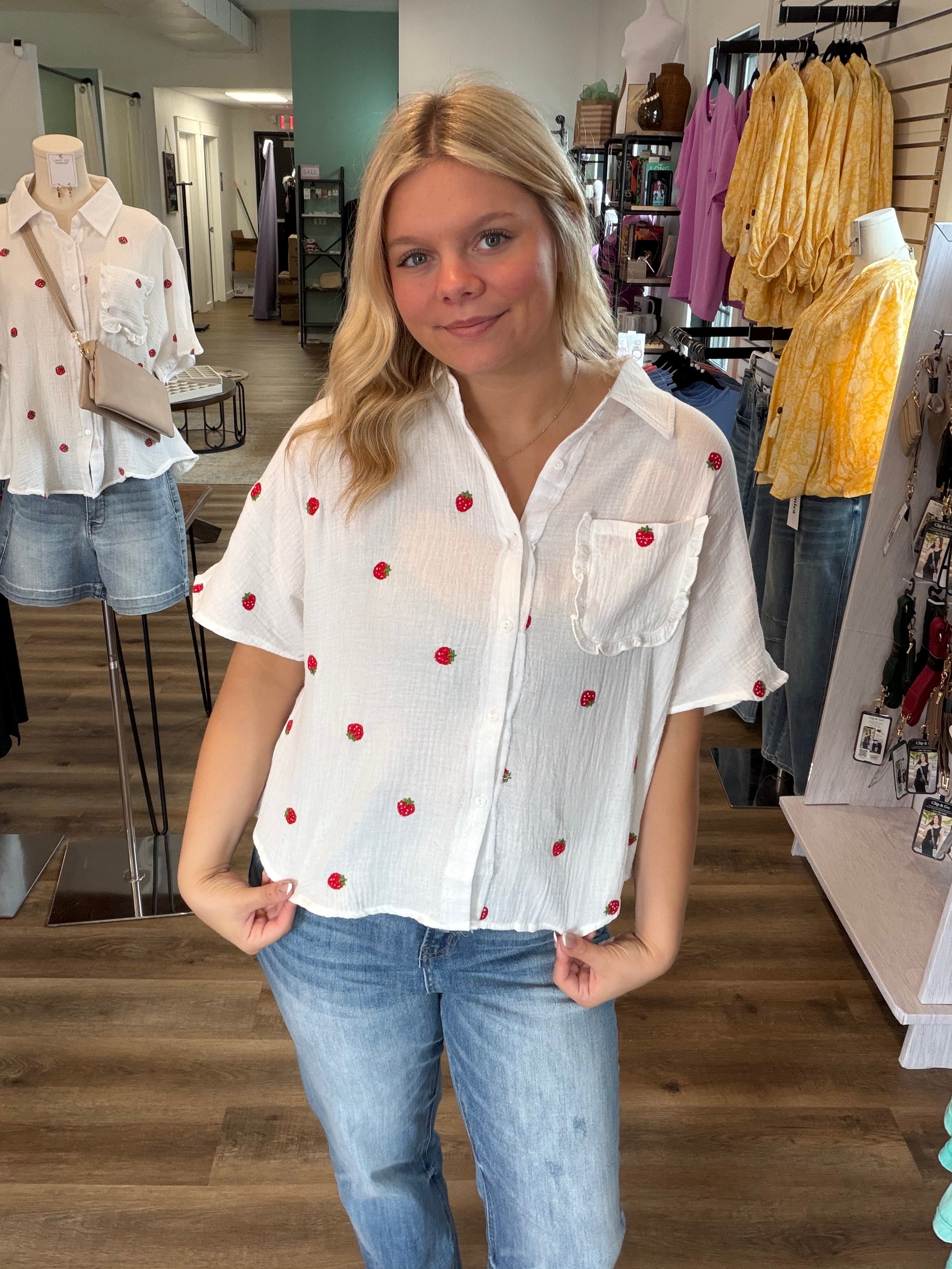 Shop Strawberry Embroidered Gauze Button-Down Shirt- at Ruby Joy Boutique, a Women's Clothing Store in Pickerington, Ohio