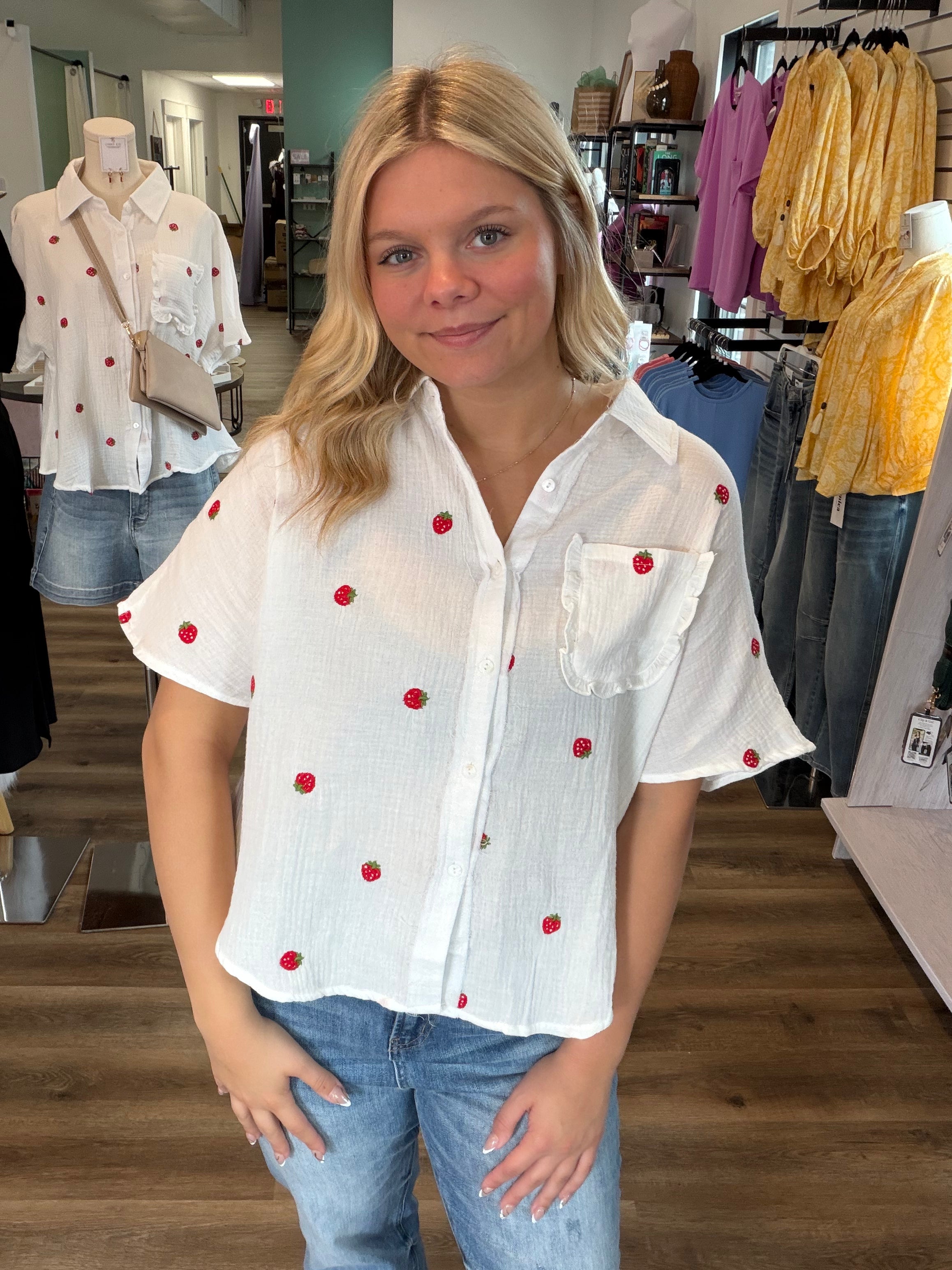 Shop Strawberry Embroidered Gauze Button-Down Shirt- at Ruby Joy Boutique, a Women's Clothing Store in Pickerington, Ohio