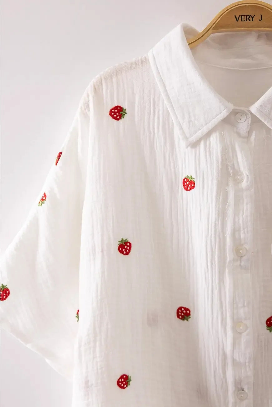 Shop Strawberry Embroidered Gauze Button-Down Shirt- at Ruby Joy Boutique, a Women's Clothing Store in Pickerington, Ohio