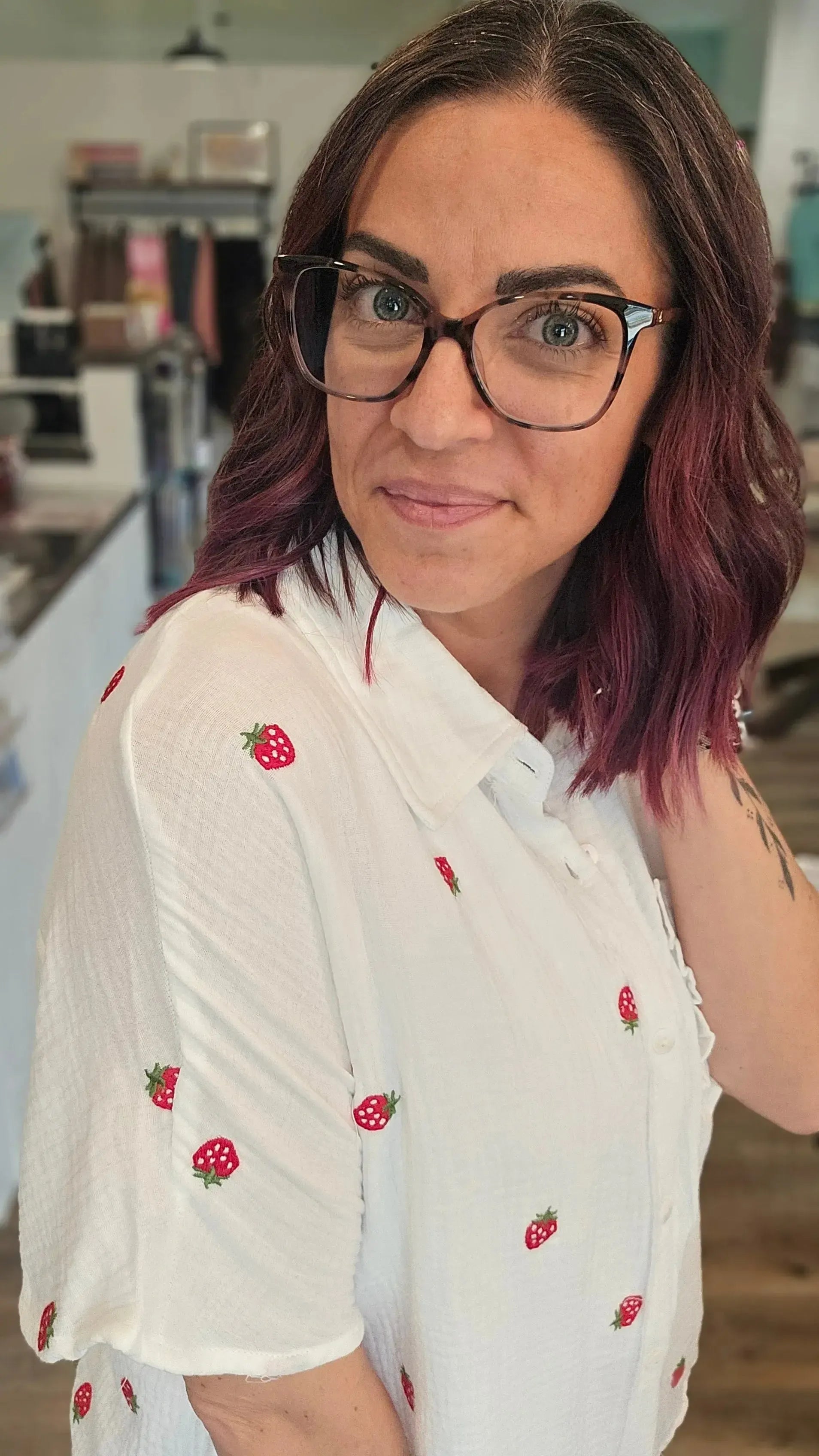 Shop Strawberry Embroidered Gauze Button-Down Shirt- at Ruby Joy Boutique, a Women's Clothing Store in Pickerington, Ohio